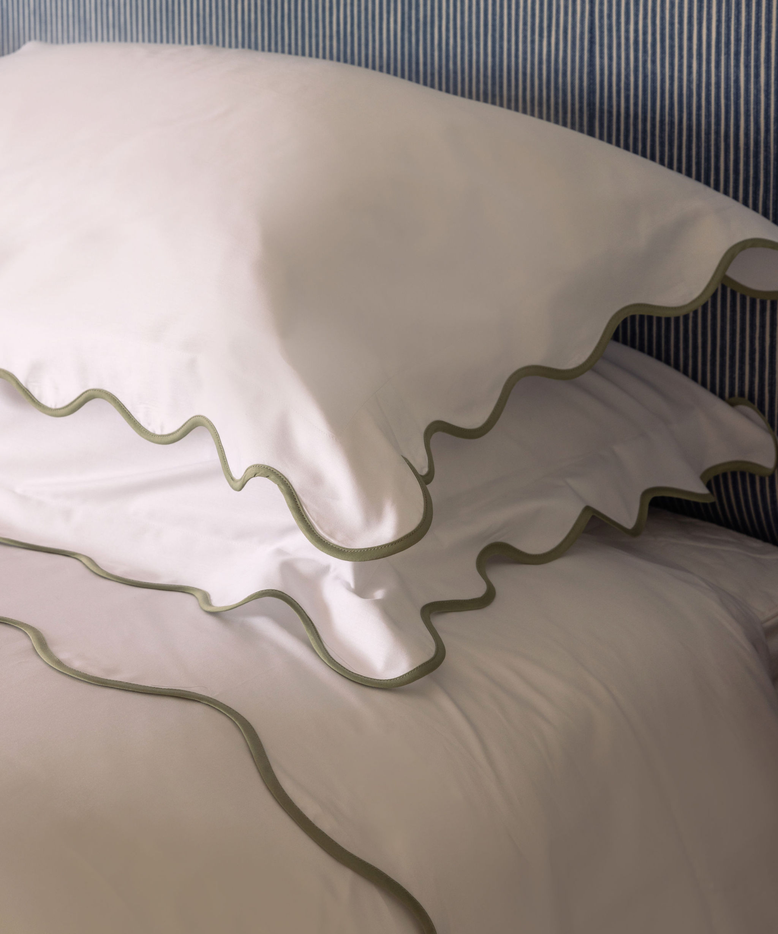Alexandra Wavy Scalloped Bed Linen, Sage Green, Pillowcase Detail