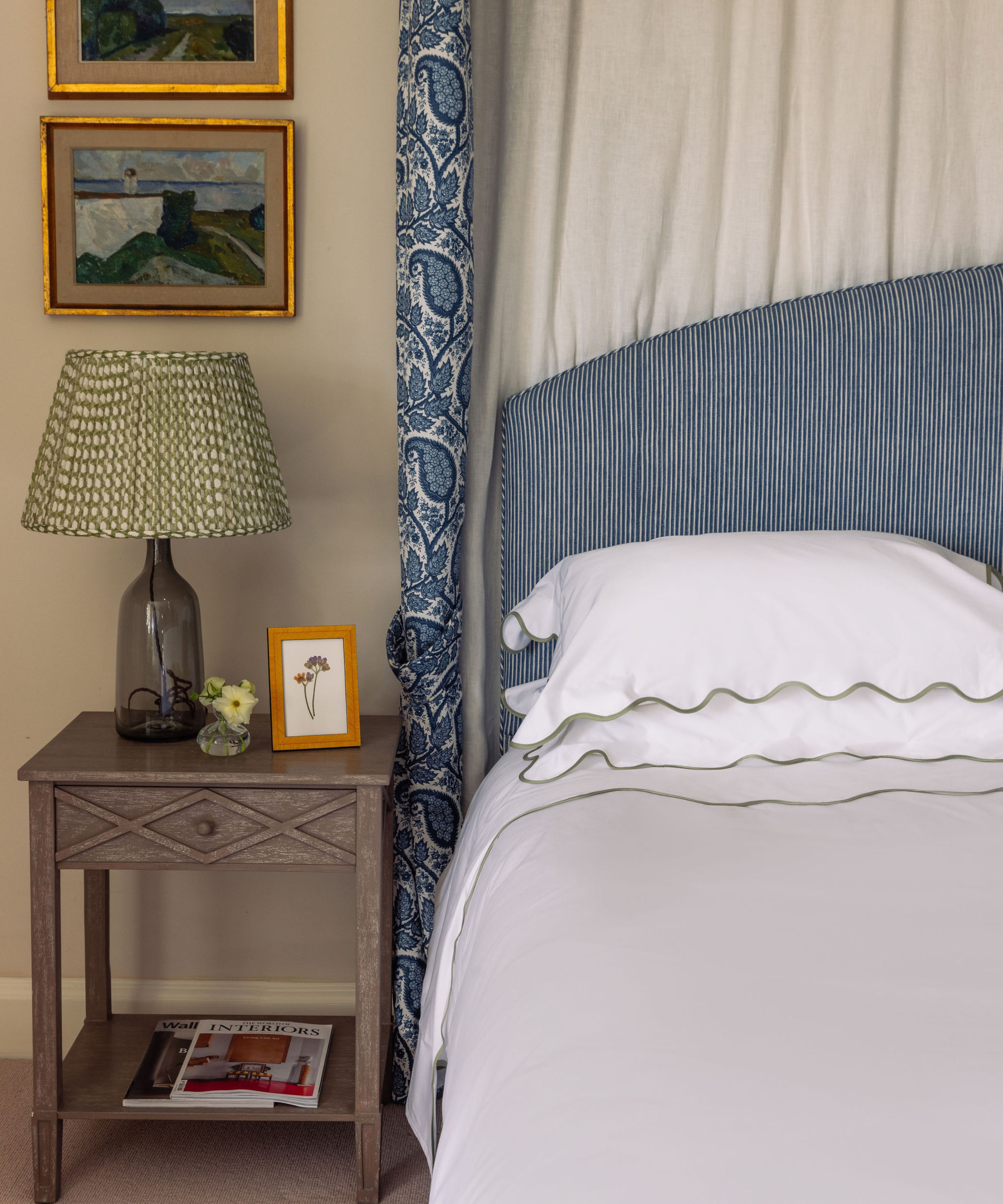 Alexandra Wavy Scalloped Bed Linen, Sage Green, with Emily Bud Vase