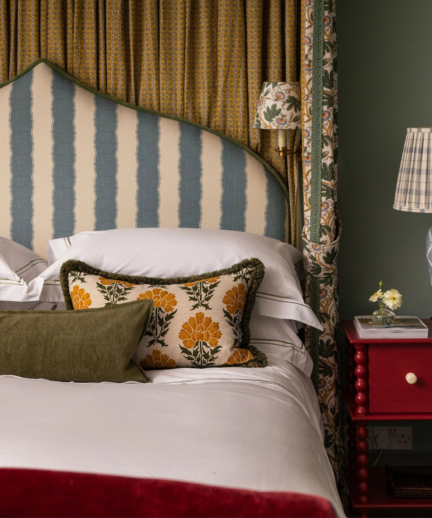 Pair of Evora Double Row Corded Pillowcases, Sage, with Verity Lumbar Cushion