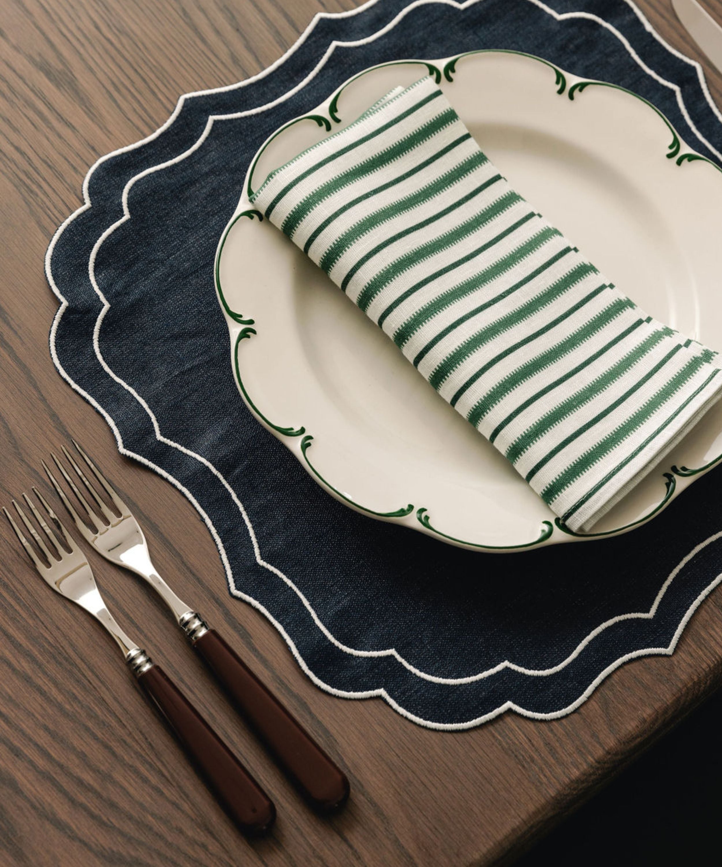 Rebecca Udall Pair of Stella Waxed Italian Linen Placemats, Navy with the Victoria Striped Napkin