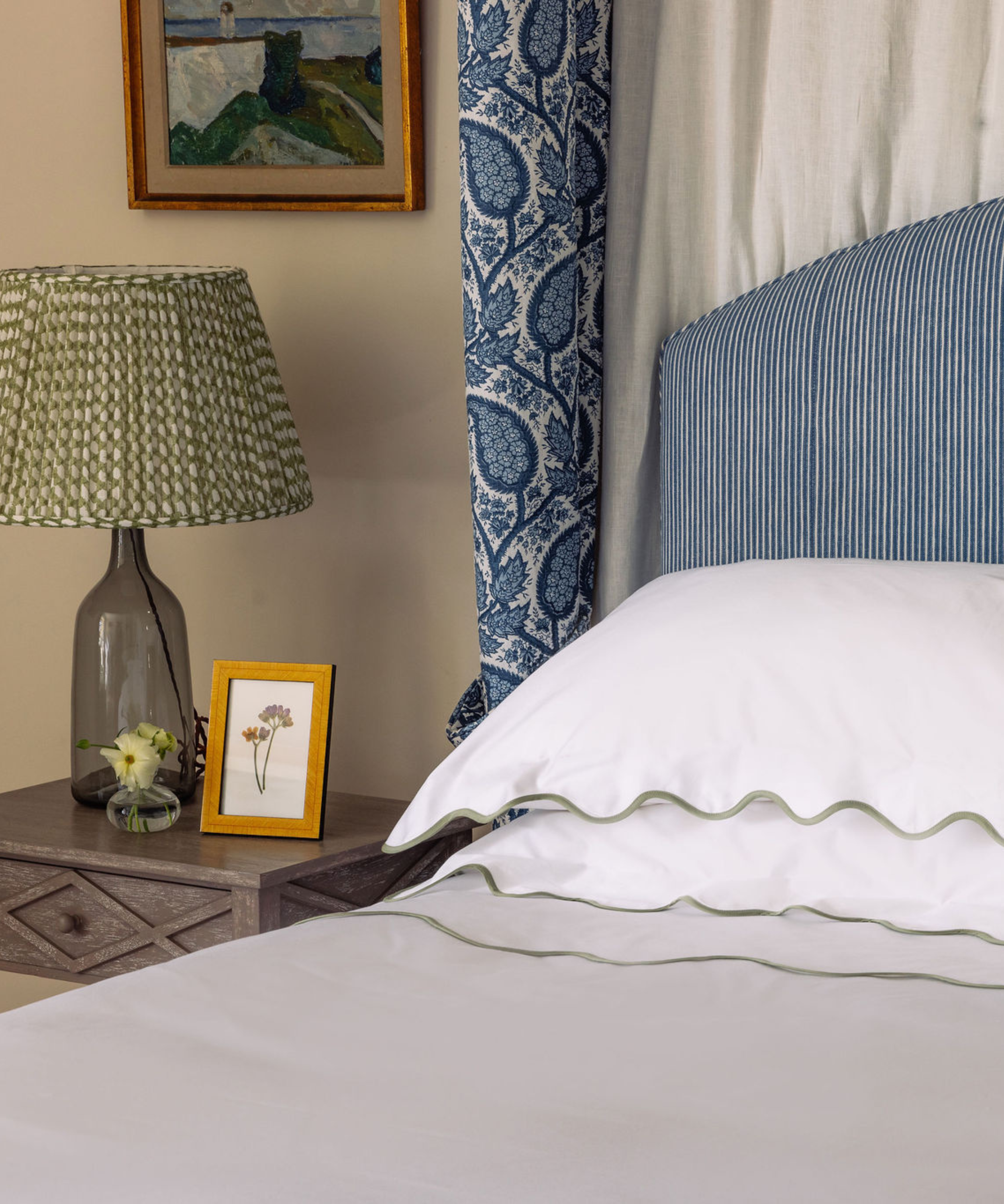 Alexandra Wavy Scalloped Bed Linen, Sage Green, with Photo Frame
