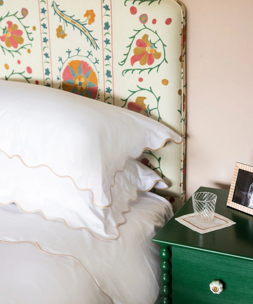 Pair of Alexandra Wavy Scalloped Pilllowcases, Plaster Pink, Bedroom Lifestyle