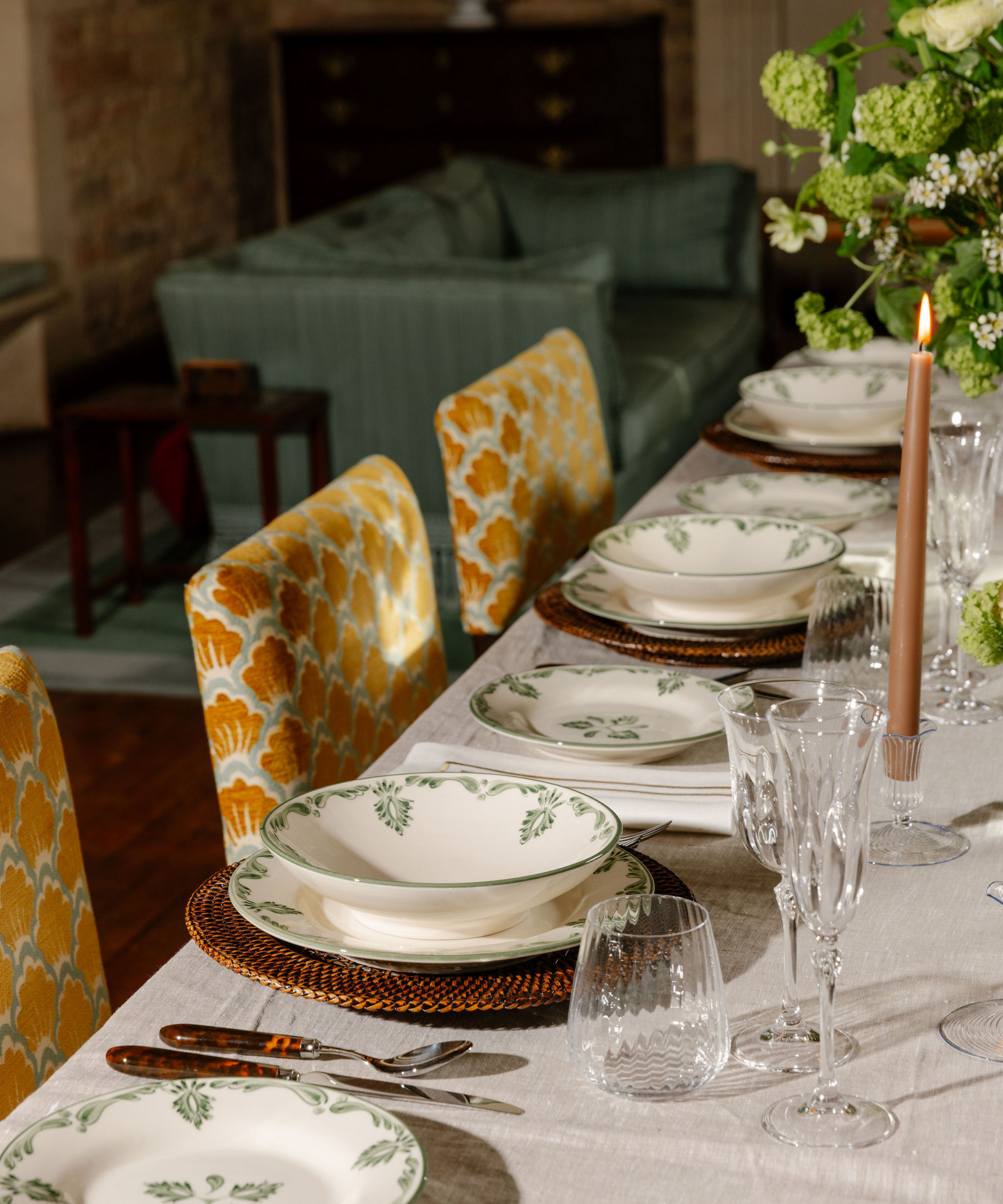 Rebecca Udall Eleanor Classic Pasta Bowl Green with the Rattan Charger