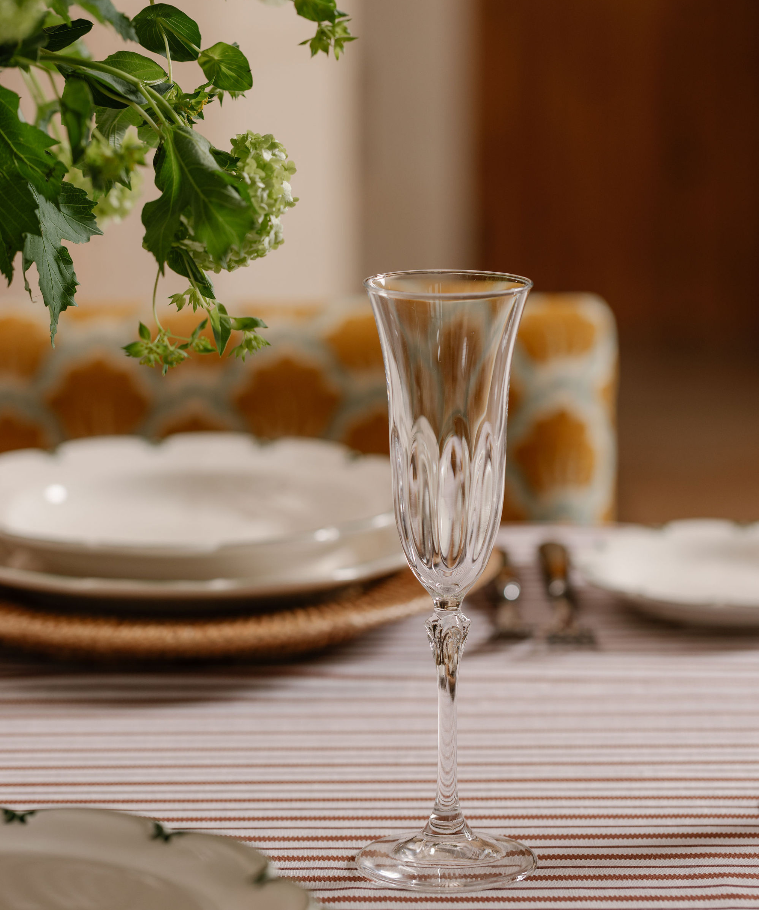 Daphne Optic Crystal Flute Glass, Rebecca Udall with the Victoria Striped Tablecloth