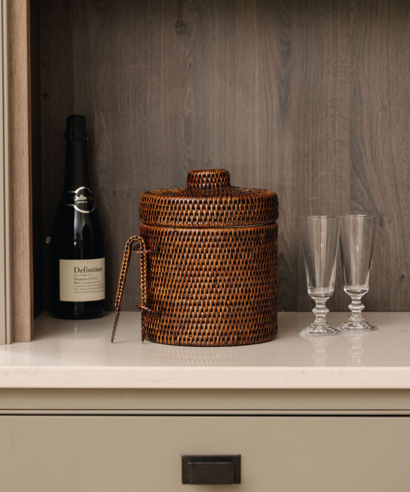 Rebecca Udall, Luxury Wicker Woven Rattan Ice Bucket with Tongs, Dark Brown, Counter Set with the Evelyn Wine Glasses