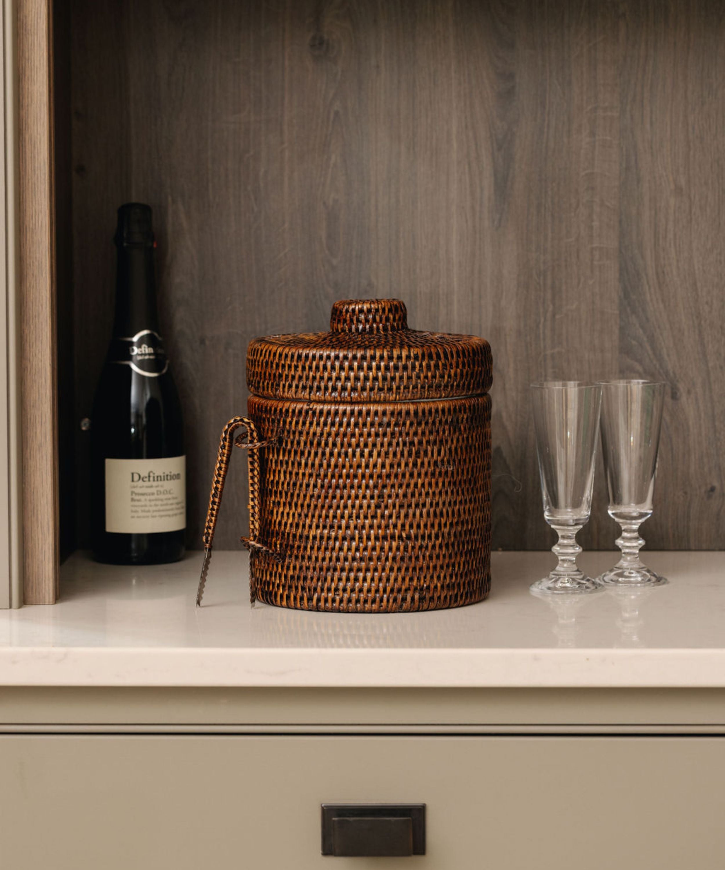 Rebecca Udall, Luxury Wicker Woven Rattan Ice Bucket with Tongs, Dark Brown, Counter Set with the Evelyn Wine Glasses