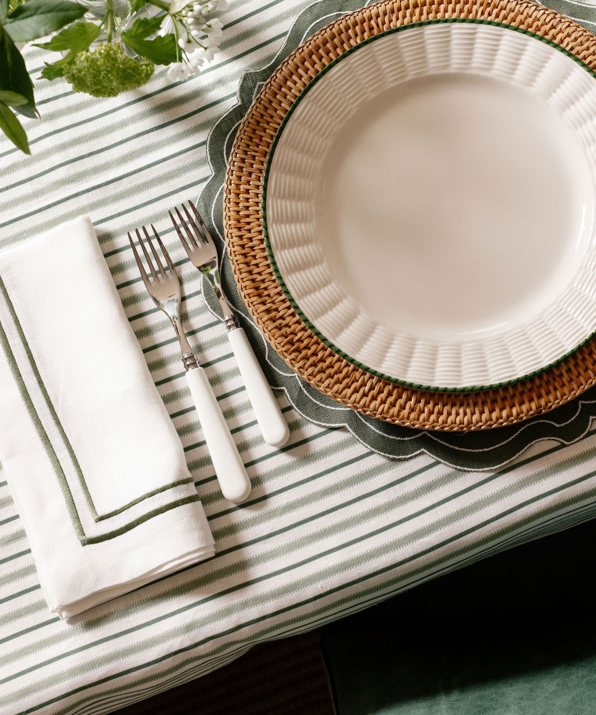Rebecca Udall Victoria Striped Linen Tablecloth, Chalk & Moss Green with Rattan Charger