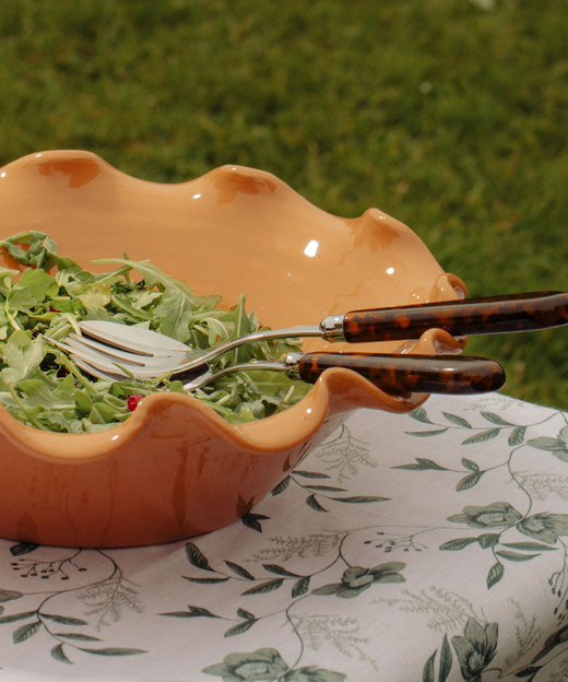 Rebecca Udall, Terracotta Ruffle Ceramic Salad Bowl with Classic Cutlery