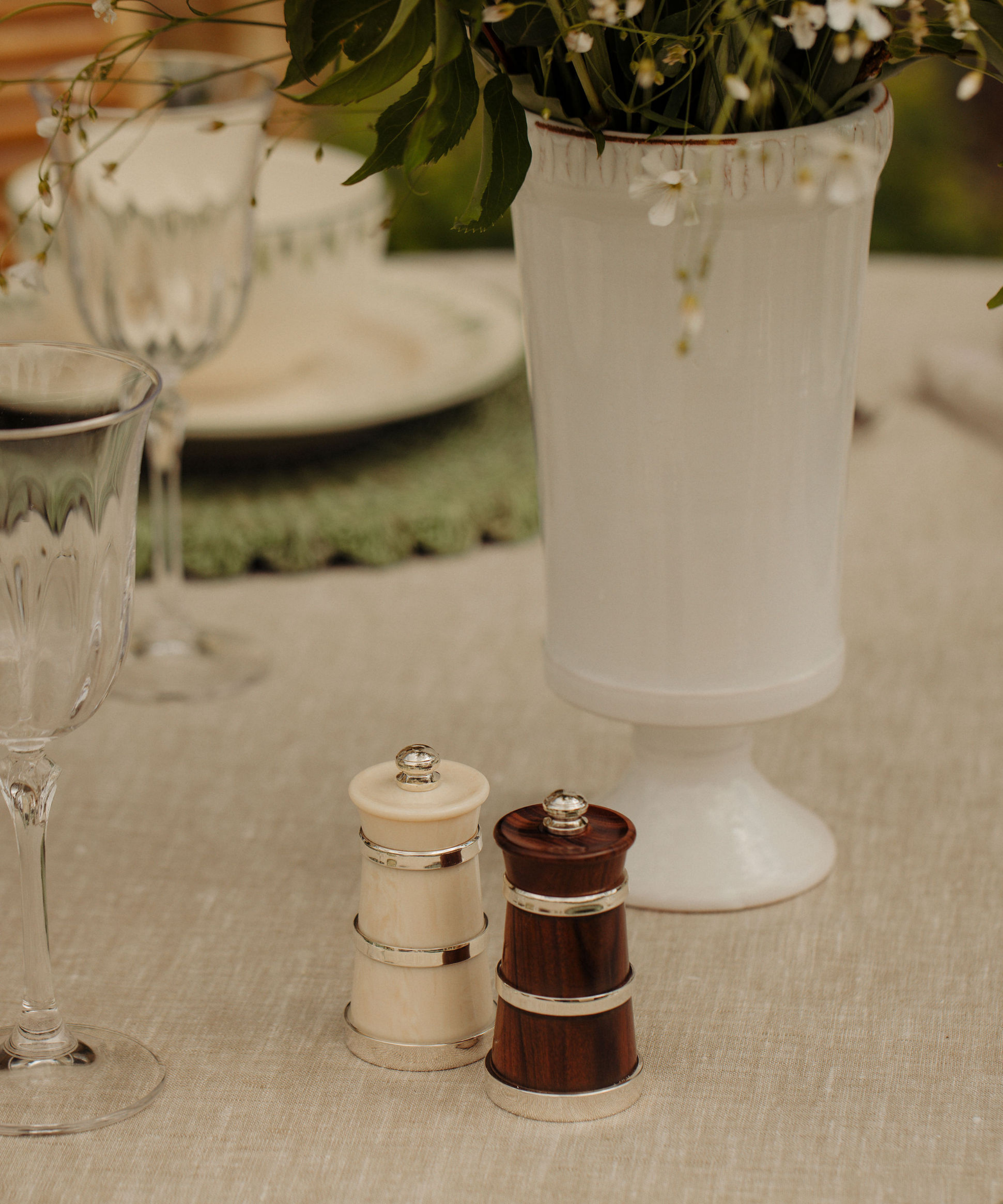 Silver Ivorine Salt & Rosewood Pepper Mill Set, with Flora Vase