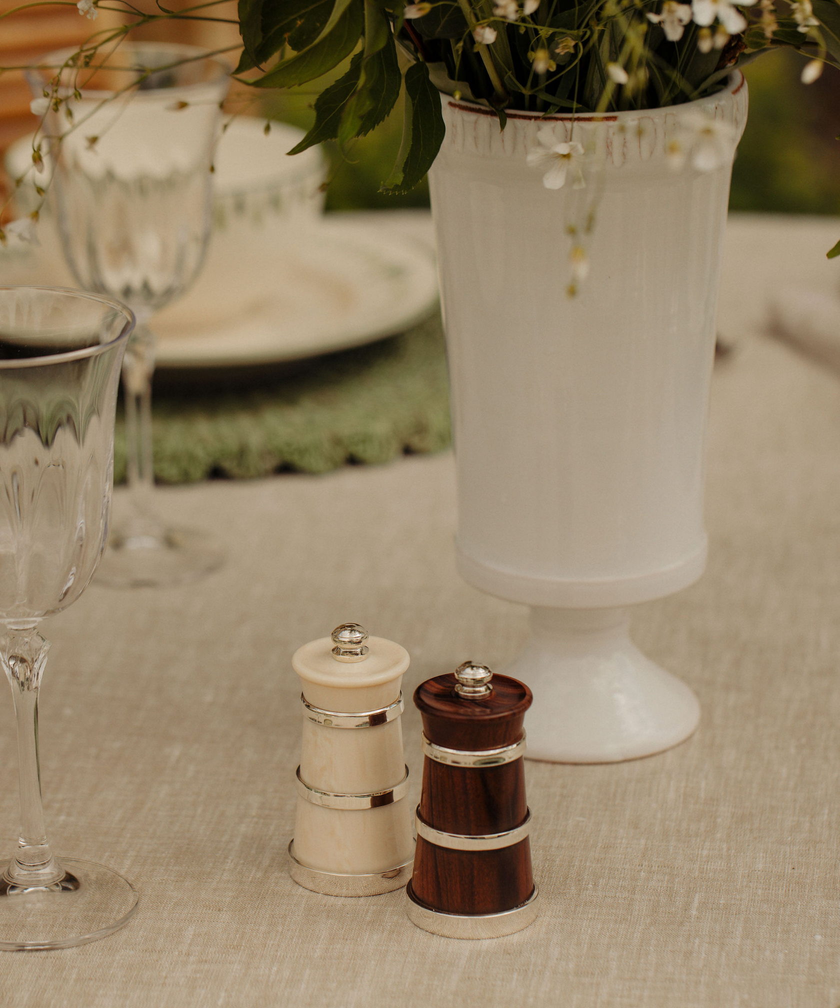 Silver Ivorine Salt & Rosewood Pepper Mill Set, with Flora Vase