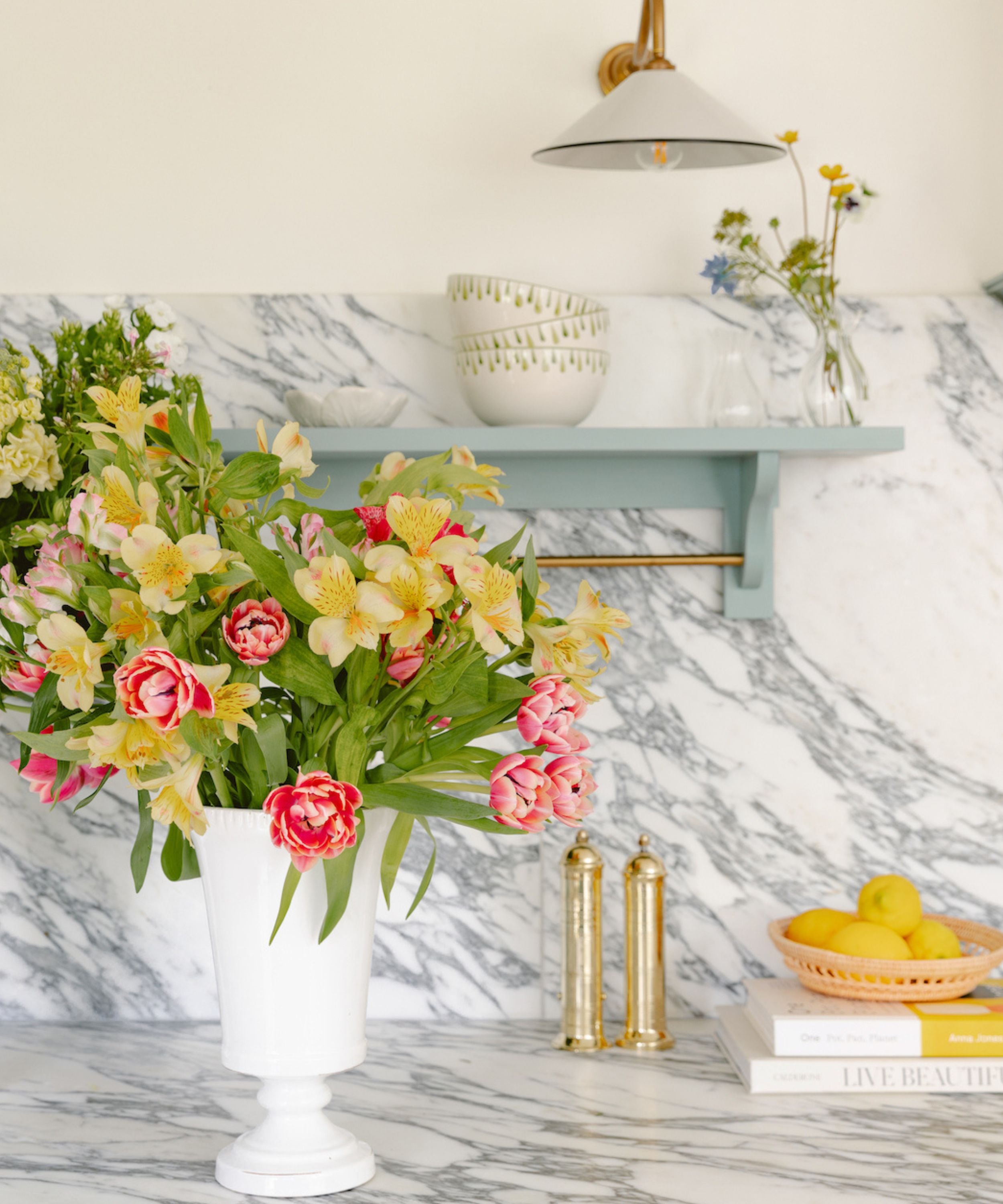 Rebecca Udall White Flora Ceramic Urn Vase, Medium with the Brass Salt and Pepper Mills