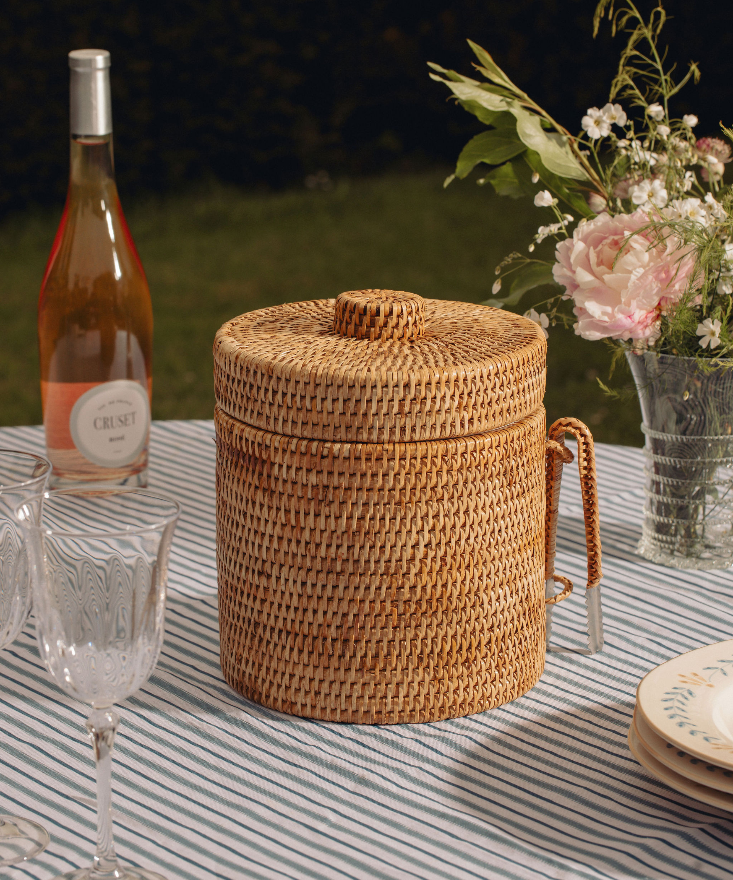 Rebecca Udall Rattan Ice Bucket with Tongs, Natural with the Daphne Wine Glasses