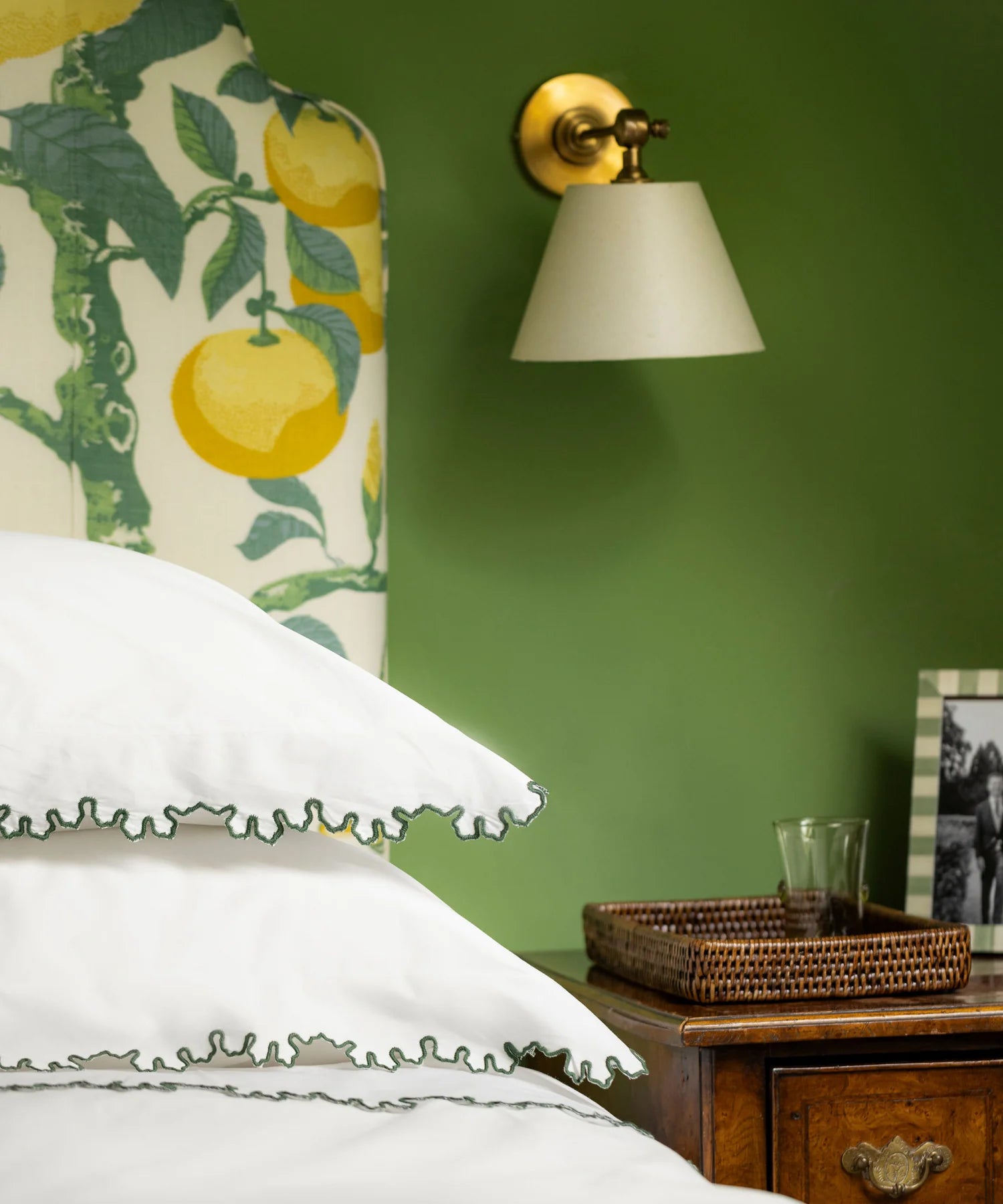 Thea Scalloped Pillowcase, Fern Green, with Rattan Tray