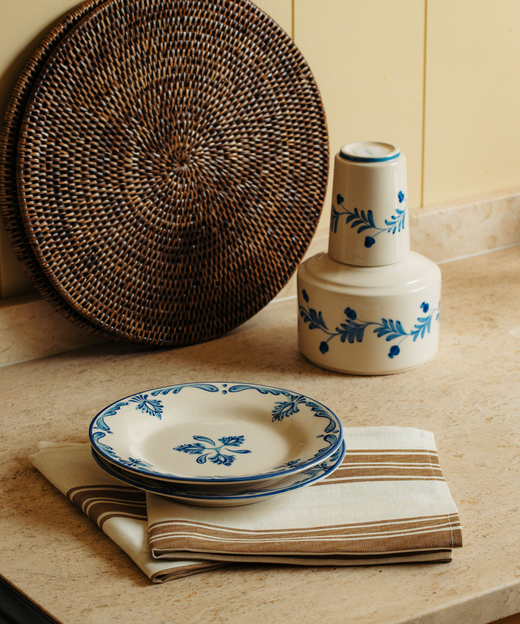 Colette Striped Table Linens, Nougat with Eleanor side plates