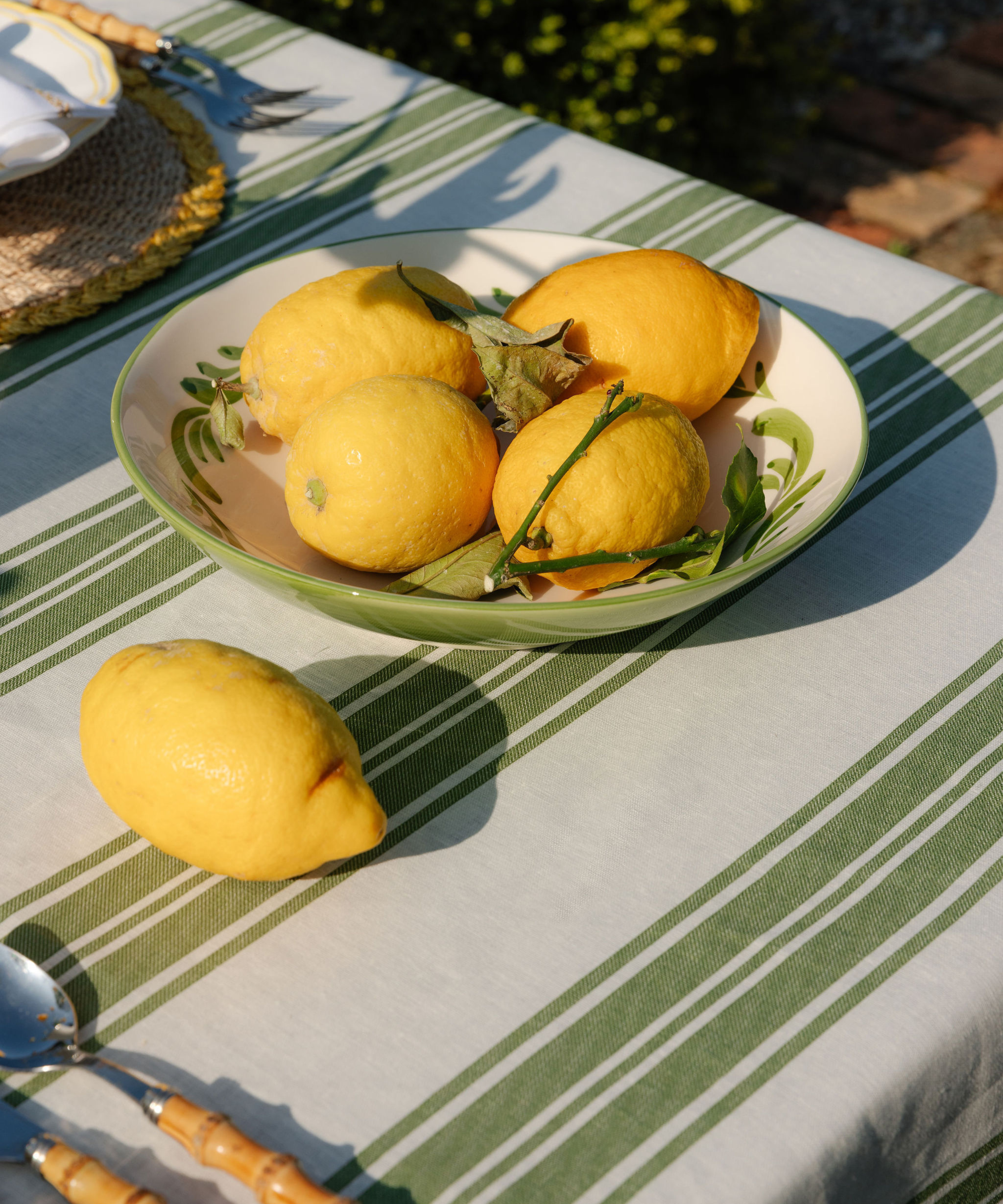 Colette Striped Table Linens, Olive Green, with Celia serving bowl