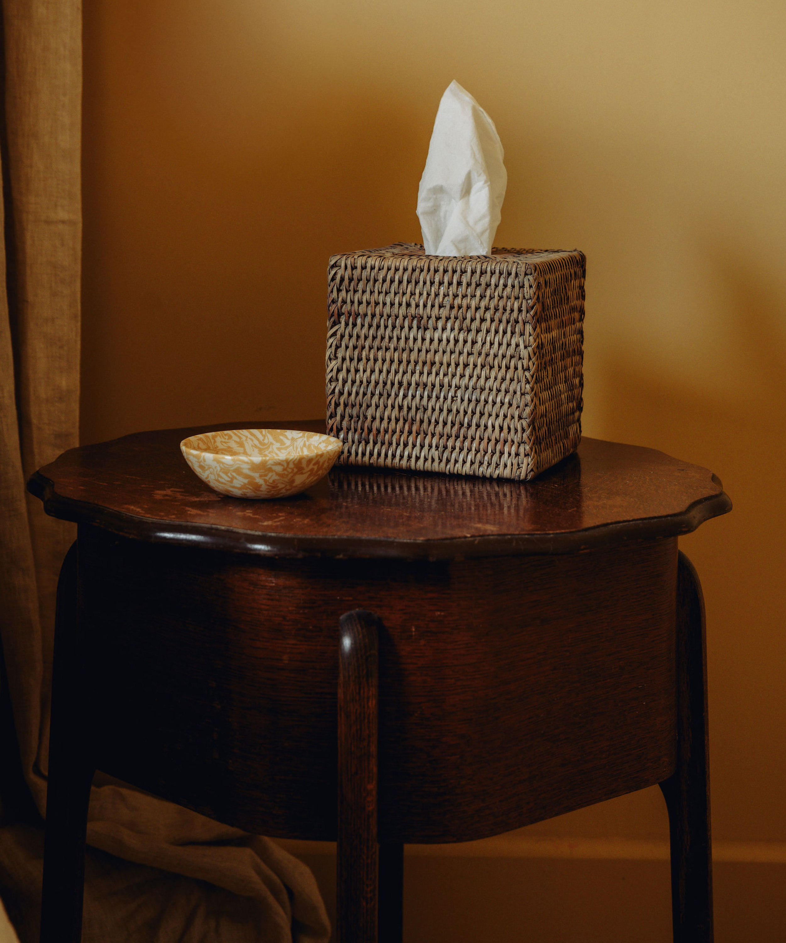 Aptware Marble Ceramic Dish, Mustard, with Rattan Tissue Box