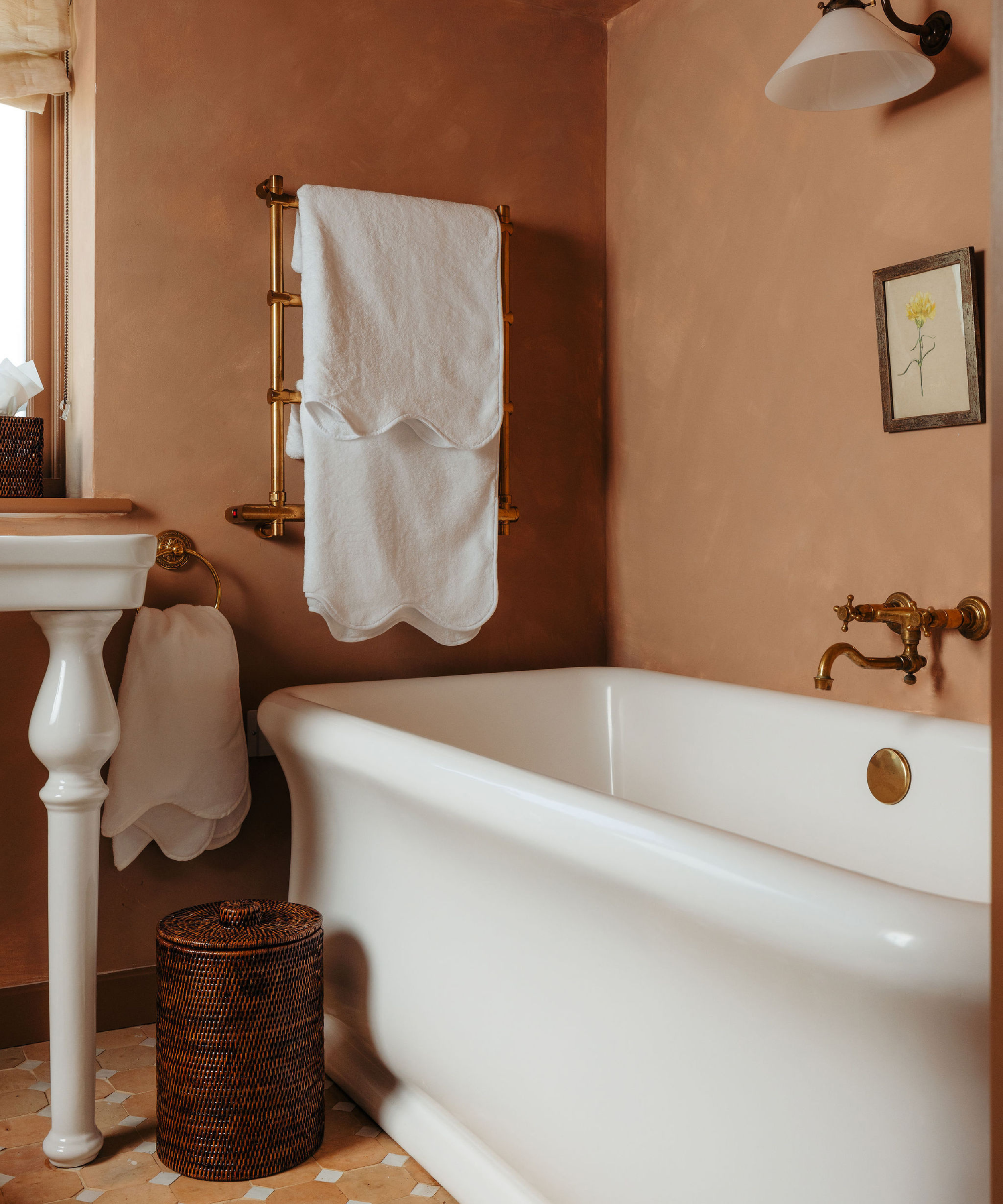 Amelia Scalloped Bath Towel Collection, White, with Rattan Bathroom Bin