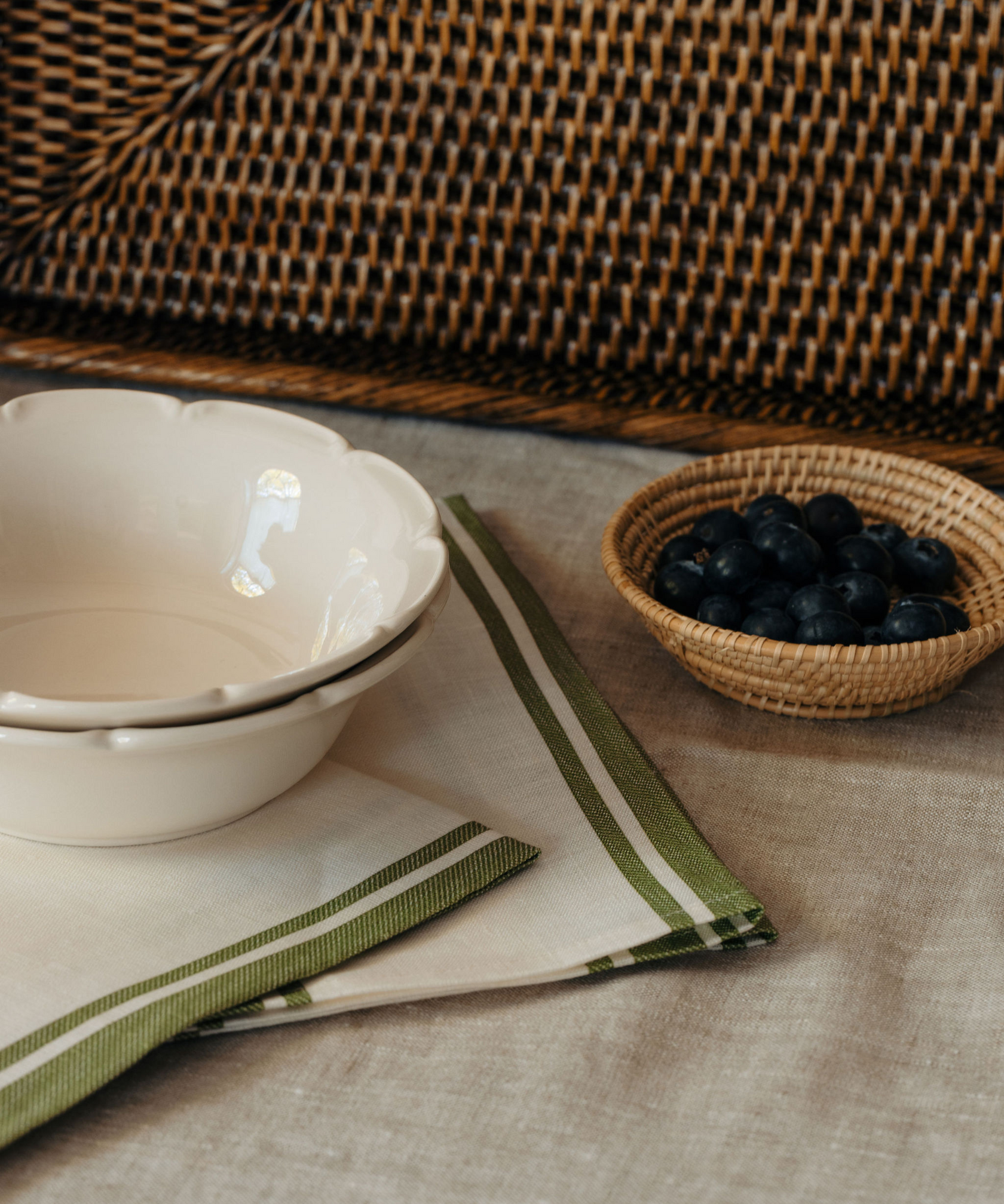 Olivia Scalloped Cereal Bowls, White, with Matilda Basket