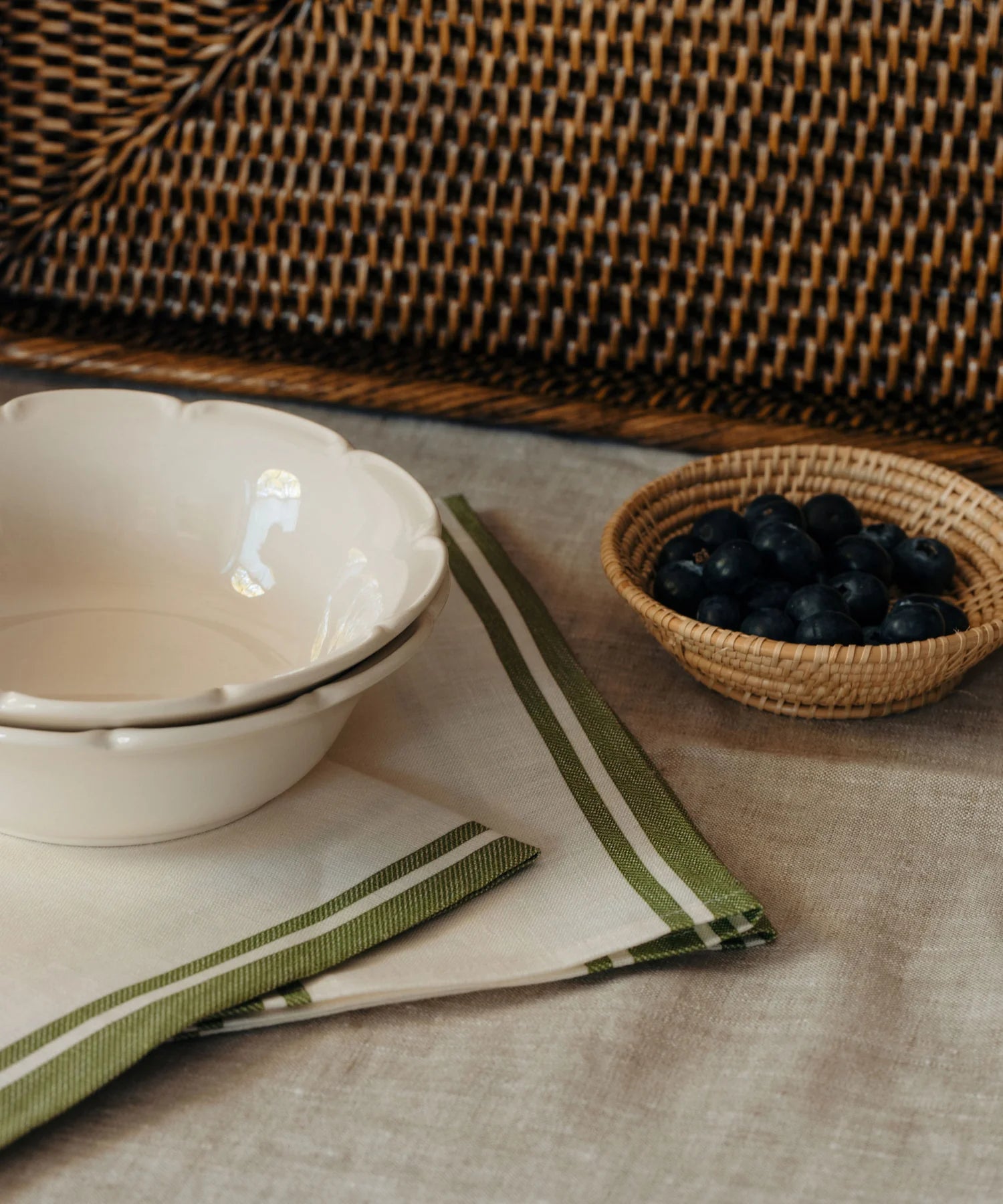 Olivia Scalloped Crockery, White, with Matilda Woven Basket
