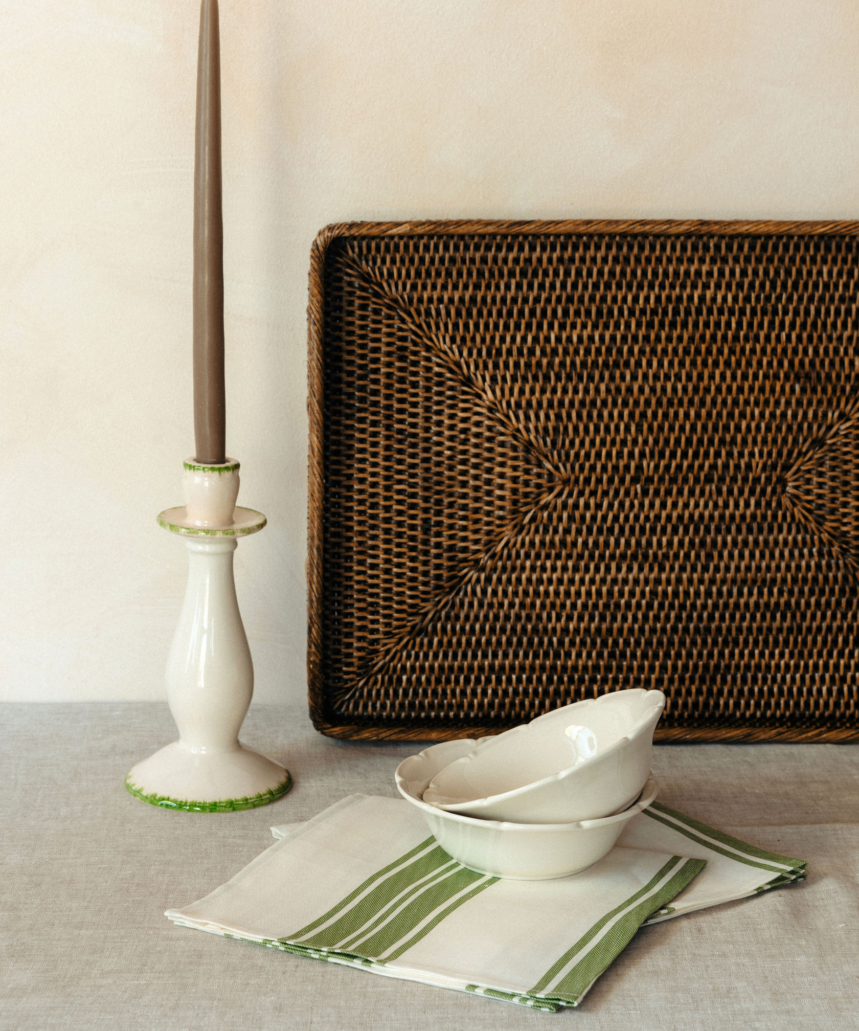 Set of 4 Olivia Scalloped Cereal Bowls, White, with Daisy Candlestick