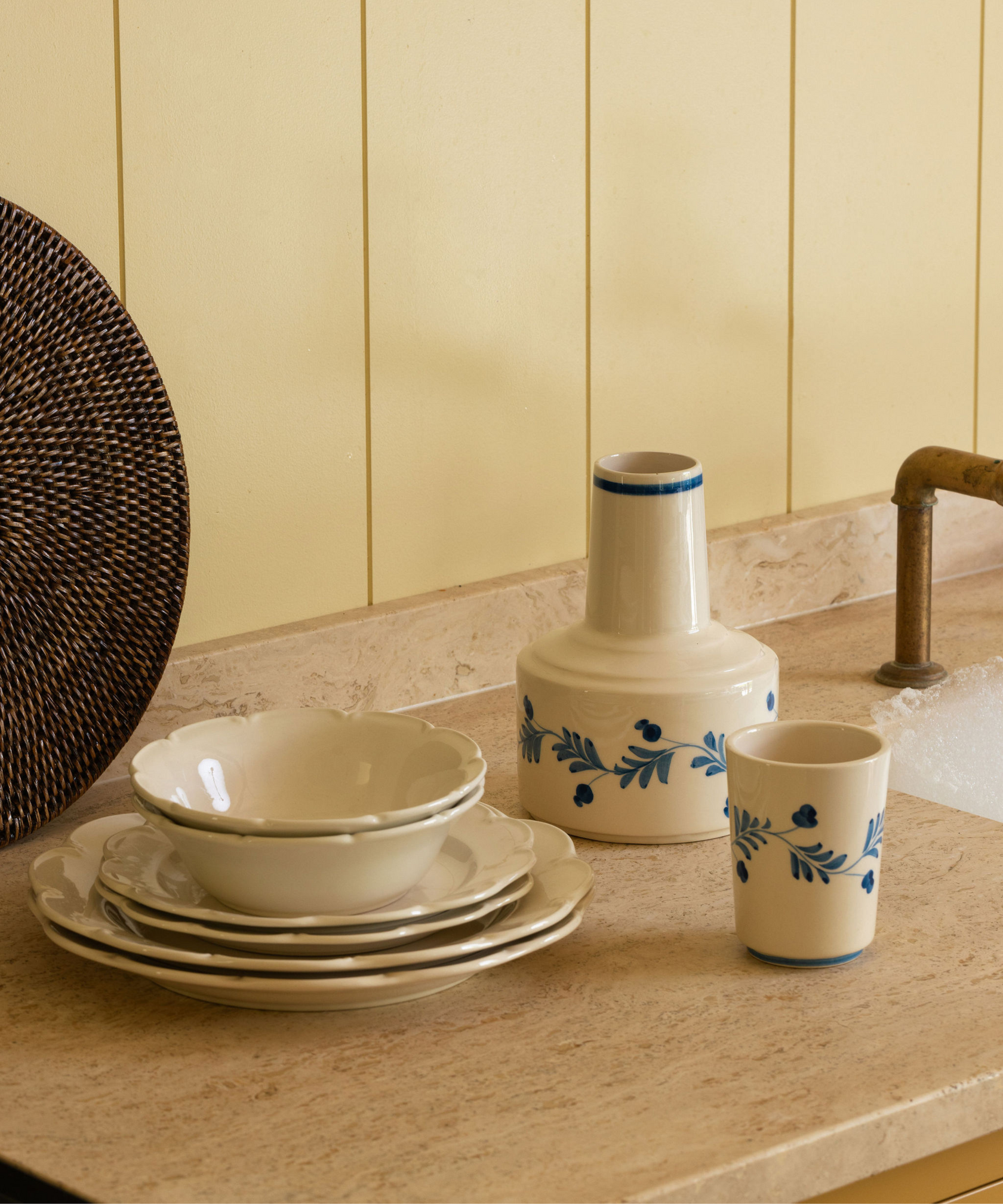 Set of 4 Olivia Scalloped Cereal Bowls, White, with Iris Carafe