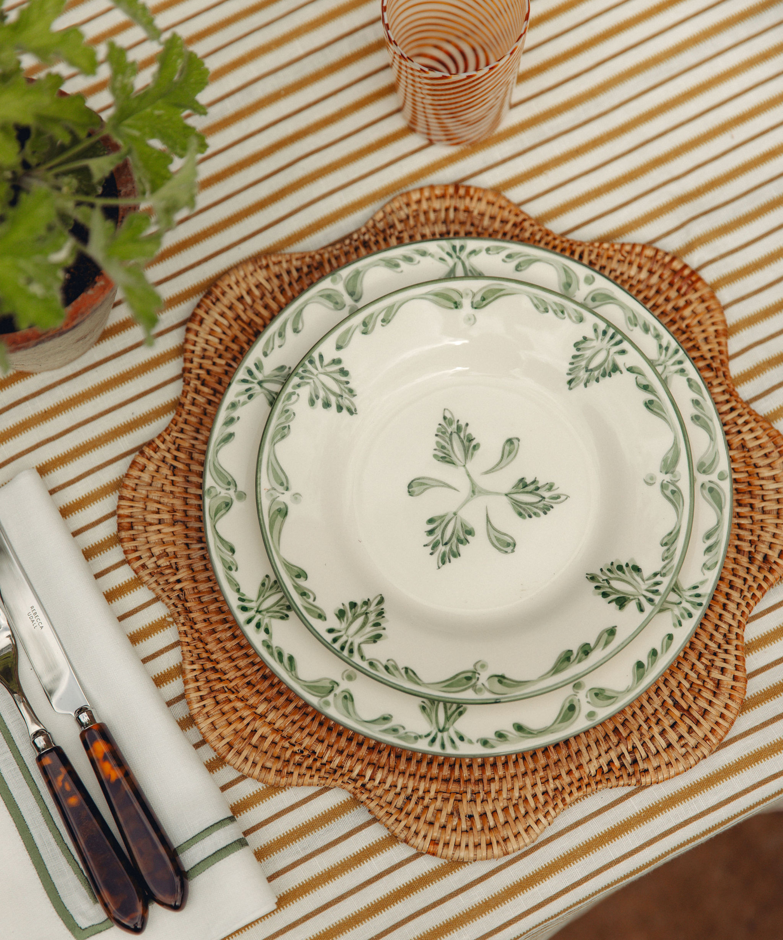 Victoria Striped Linen Tablecloth, Burnt Mustard
