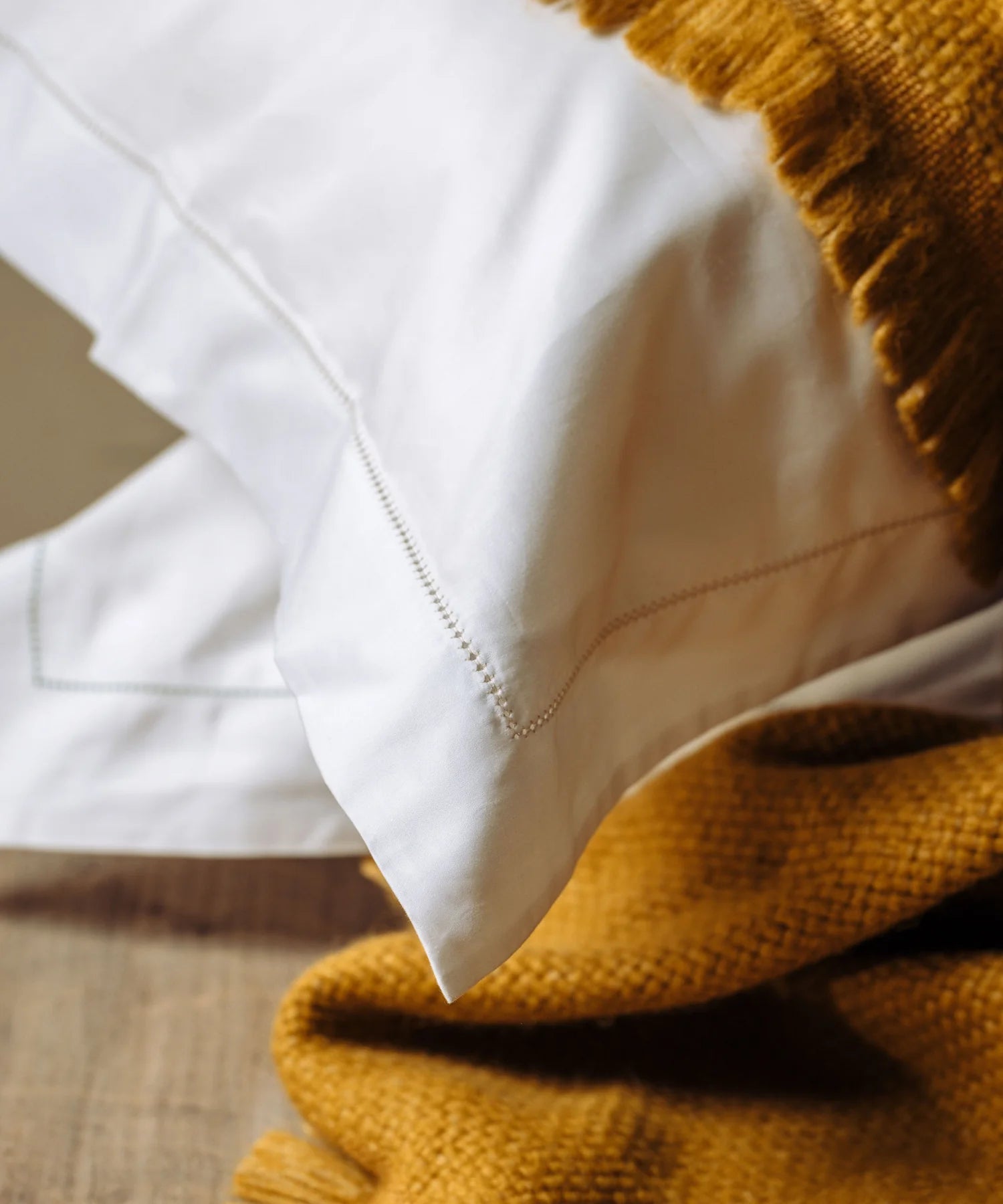 Porto Hemstitch Pillowcases, Straw, Detail