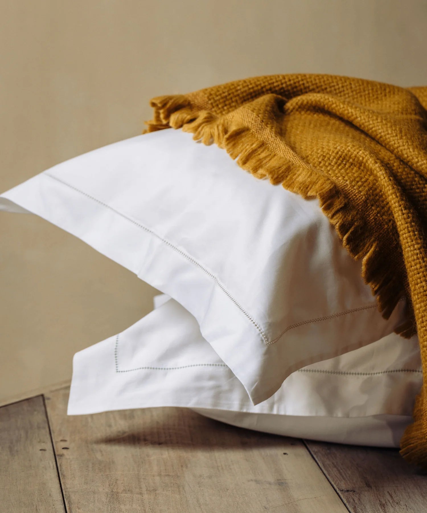 Porto Hemstitch Pillowcases, Frost Green, with Alpaca Throw