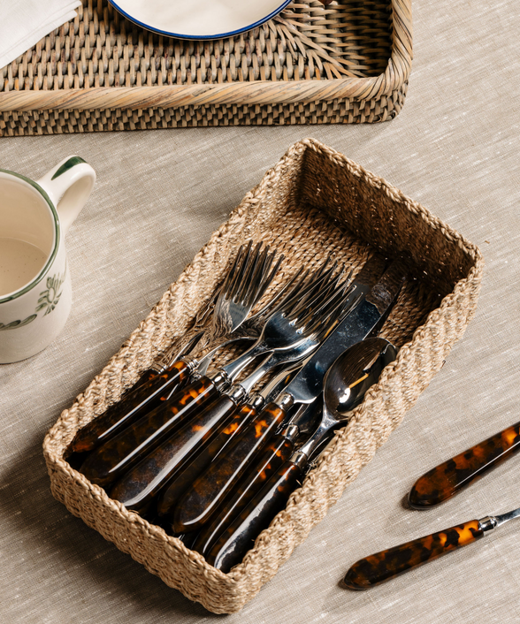 Abaca Rectangular Storage Basket, Small, with Tortoiseshell Cutlery