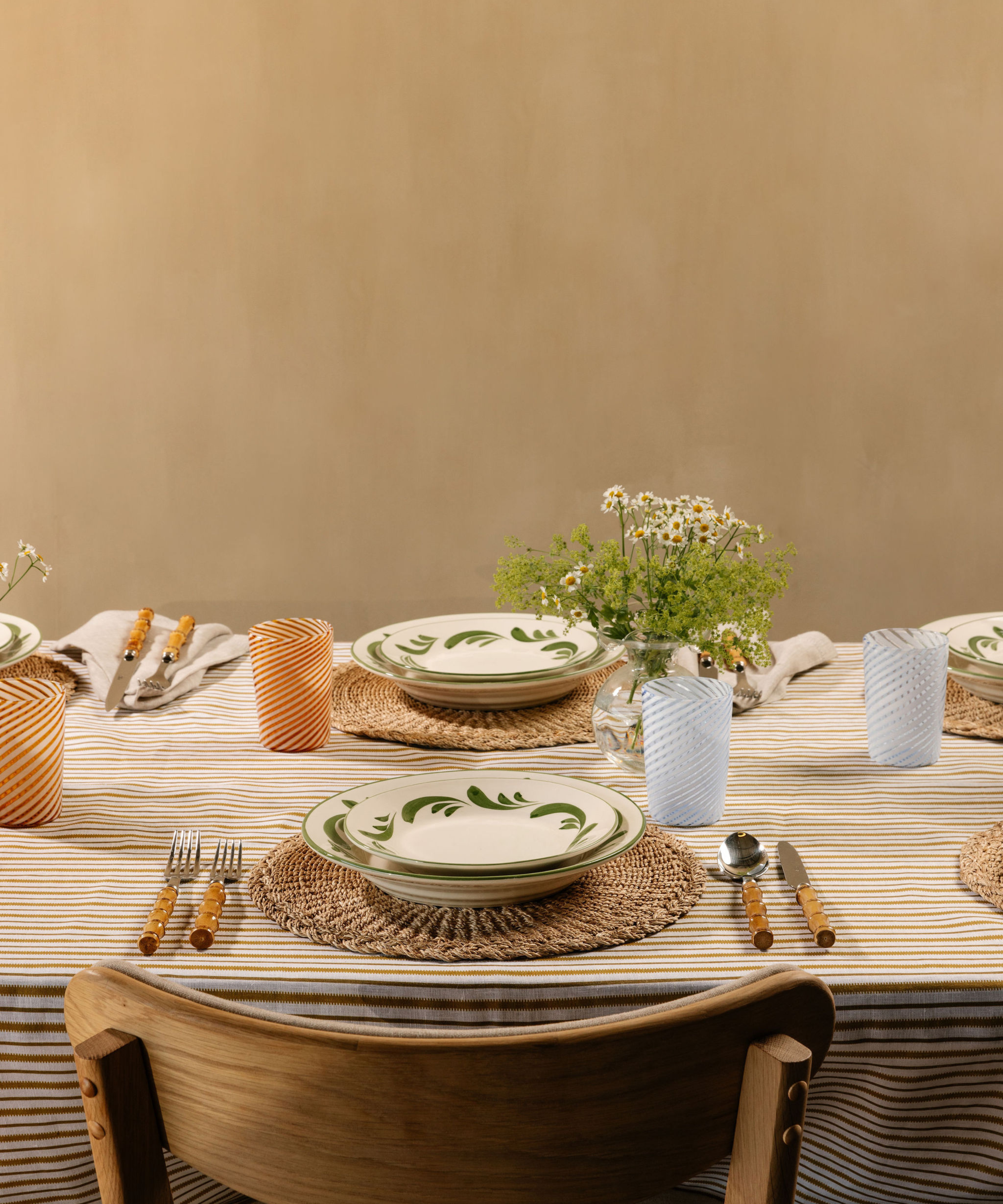 Victoria Striped Linen Tablecloth, Burnt Mustard