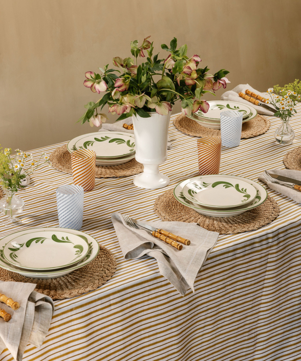 Victoria Striped Linen Tablecloth, Burnt Mustard