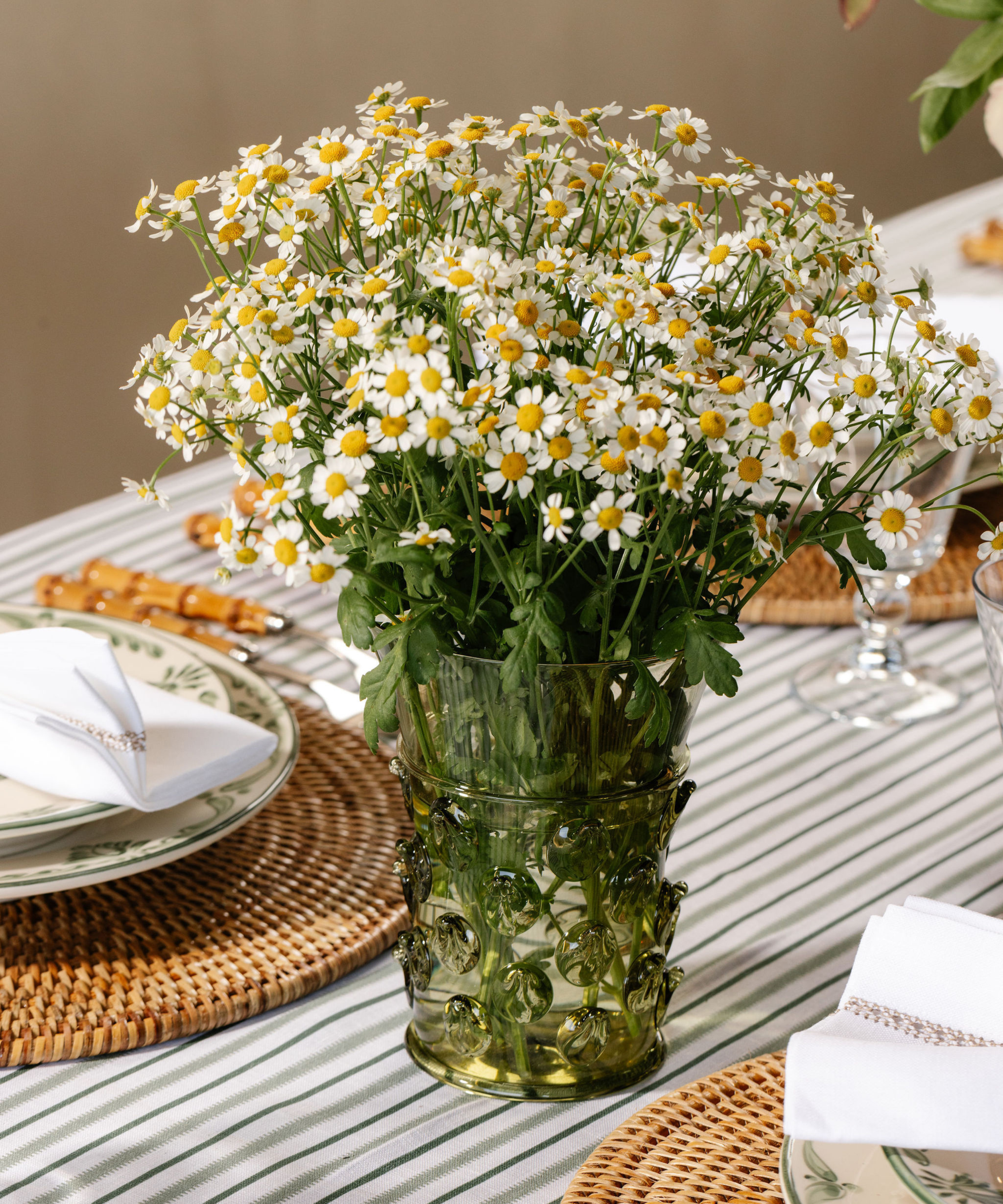 Phoebe Handblown Vase, Green, with Victoria Tablecloth