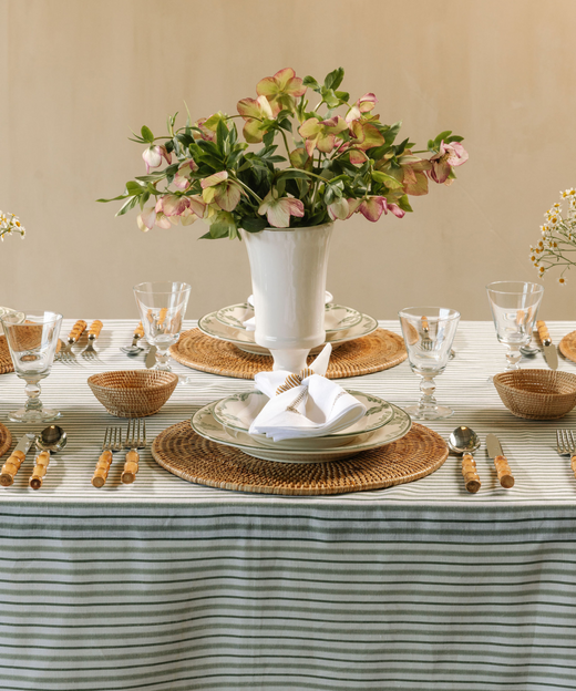 Victoria Striped Linen Tablecloth, Chalk & Moss Green