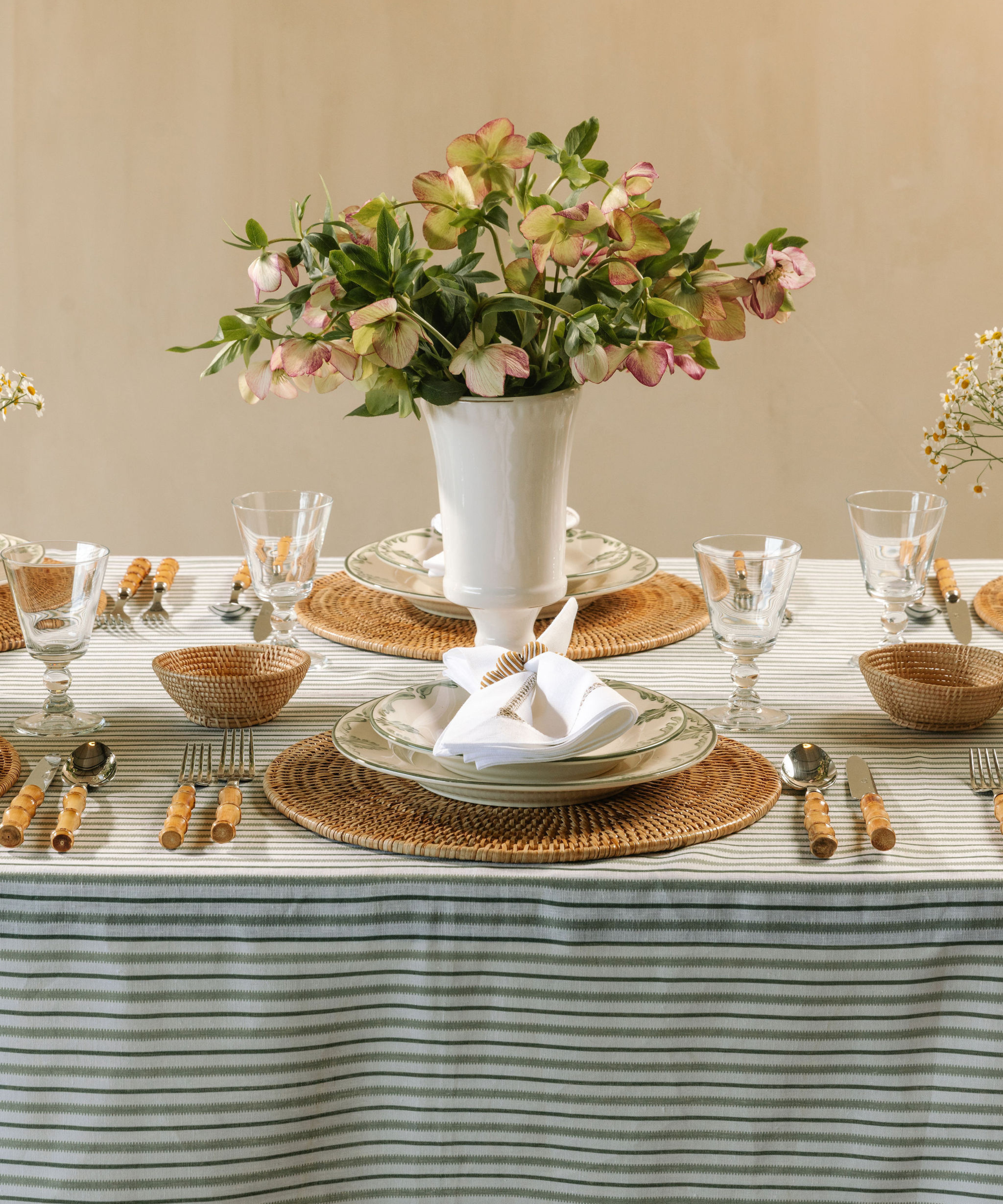 Victoria Striped Linen Tablecloth, Chalk & Moss Green