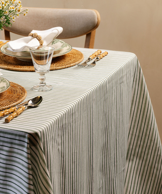 Victoria Striped Linen Tablecloth, Chalk & Moss Green