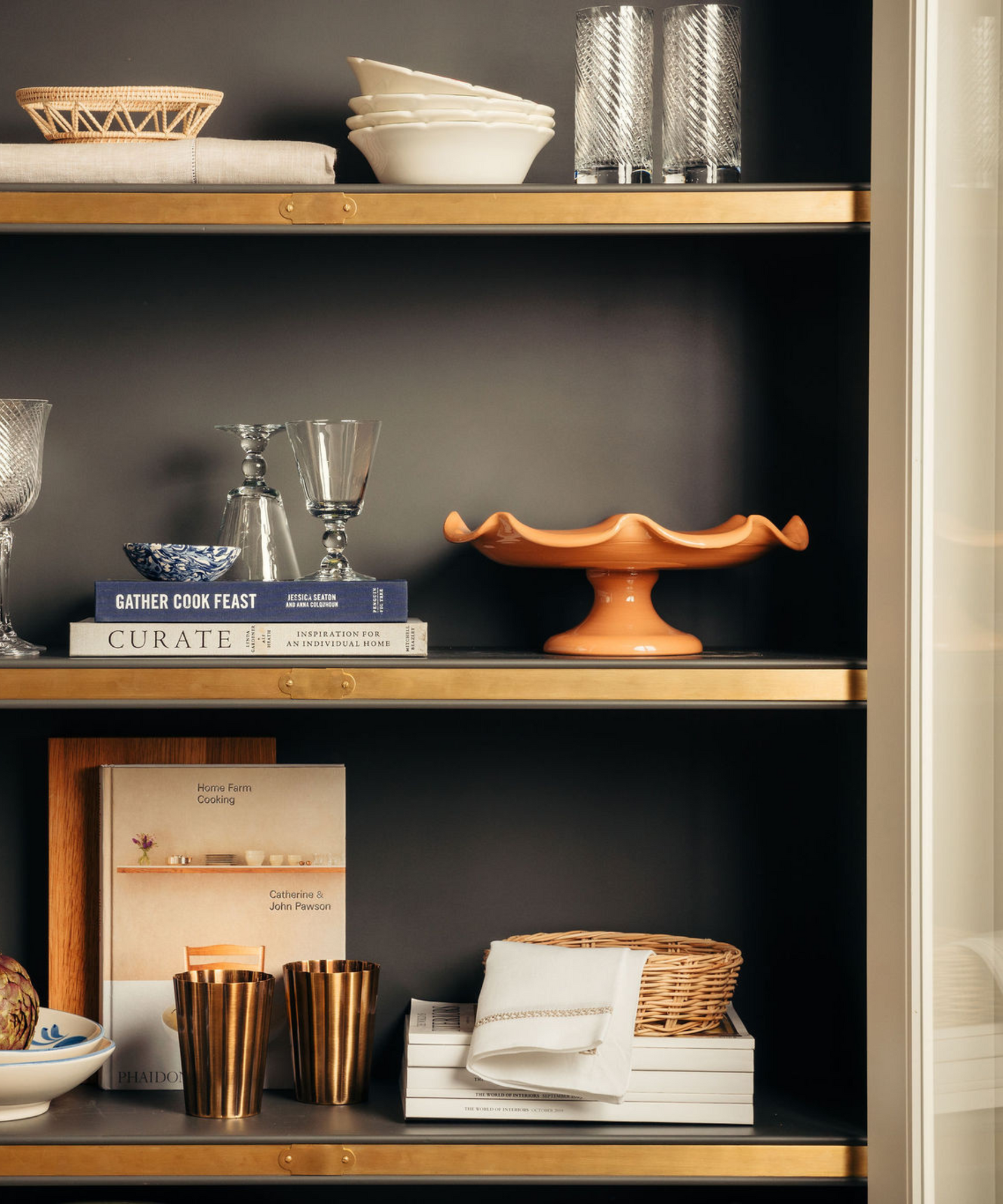 Claudia Wavy Footed Bowl, Terracotta, Shelf Lifestyle