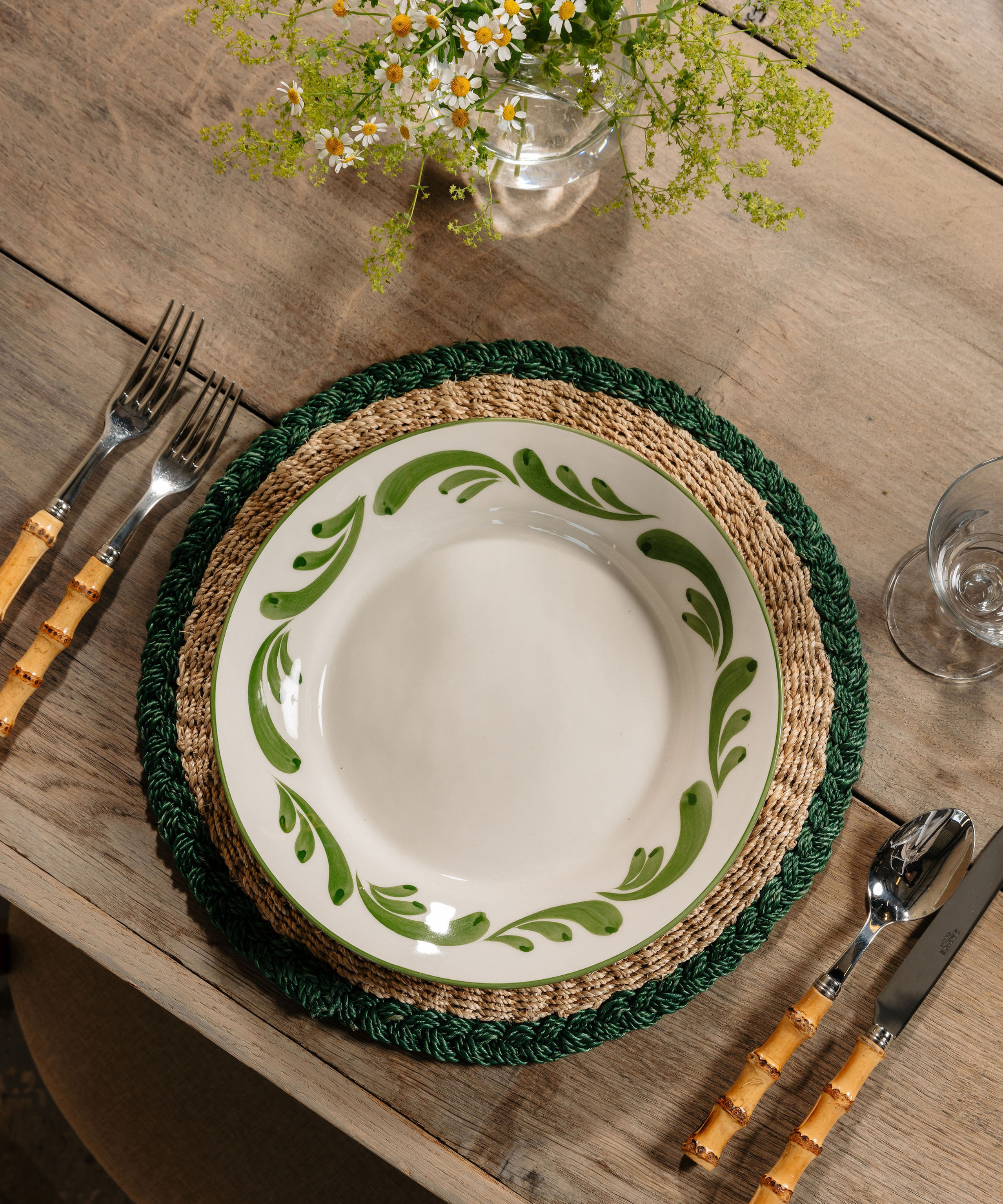 Braided Abaca Placemat, Natural/Juniper, with Celia