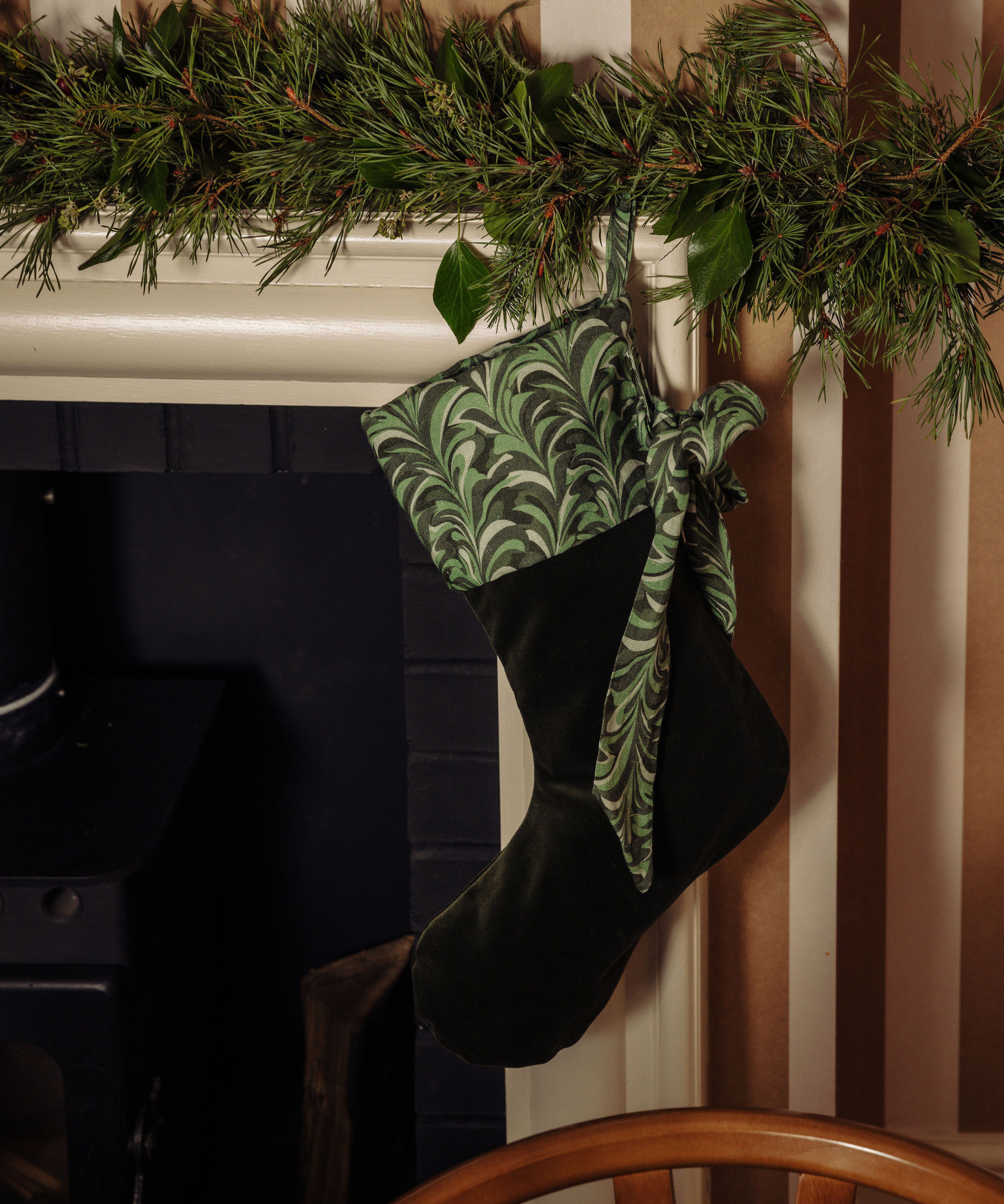 Rebecca Udall Marble Linen & Velvet Bow Christmas Stocking, Green