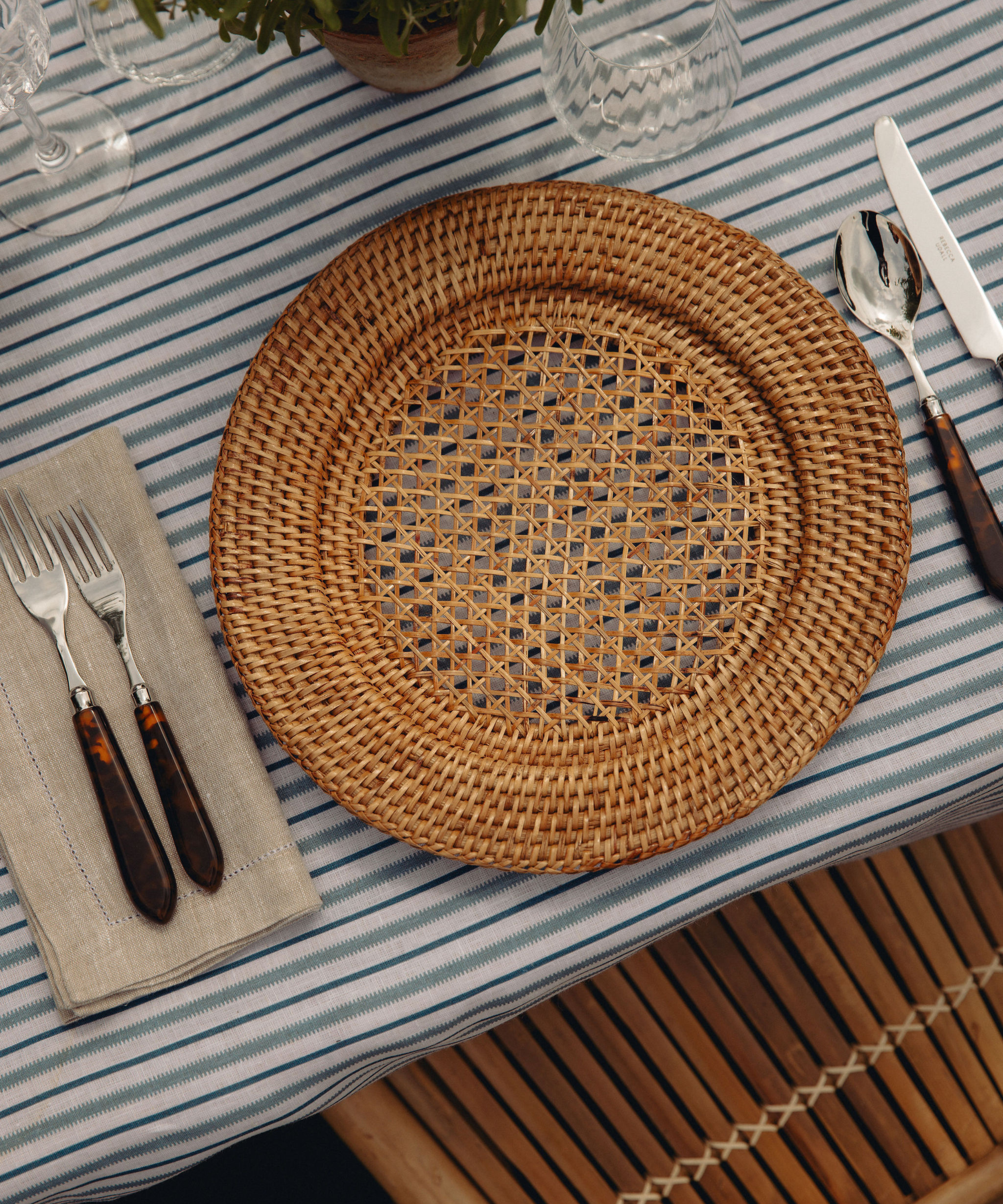 Rebecca Udall Rattan Charger, Natural with the Classic Linen Napkin