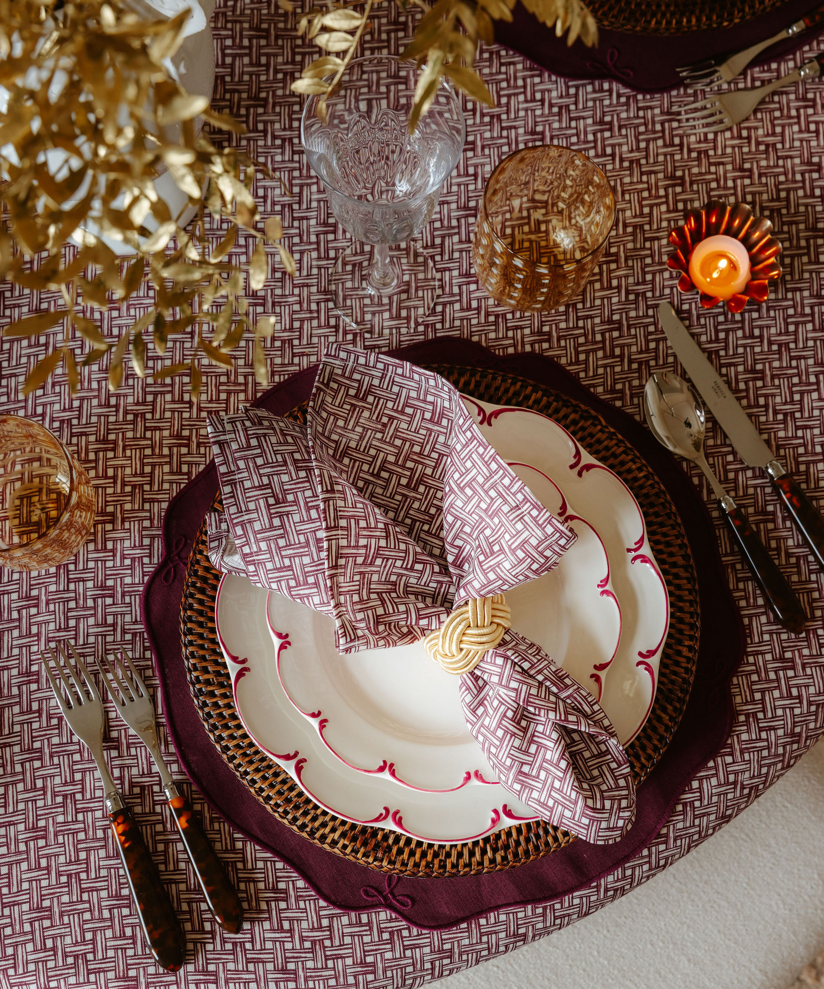 Basketweave Pleated Round Linen Tablecloth, Burgundy, with Olivia Crockery