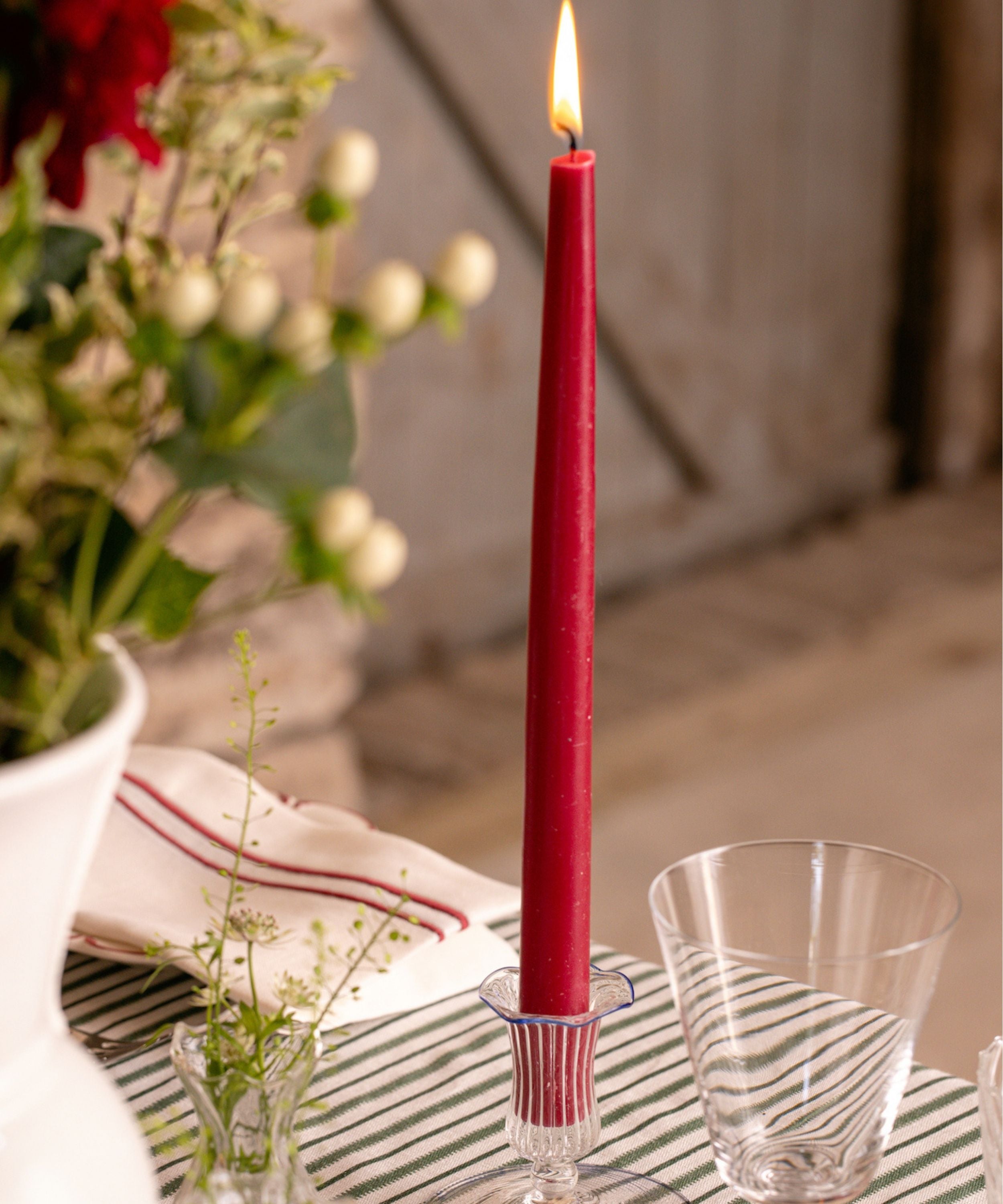 Rebecca Udall Set of 6 35cm Danish Taper Candles, Burgundy with the Sophie Two Cord Napkin
