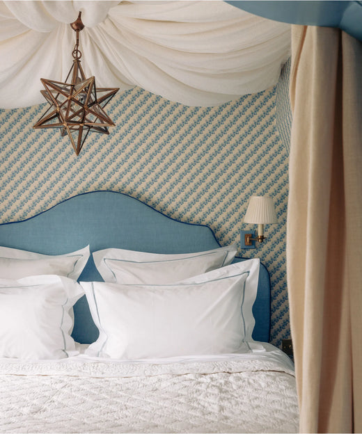 Georgiana Ladderstitch Bed Linen, Dusky Blue, Bedroom Lifestyle, with Bedspread