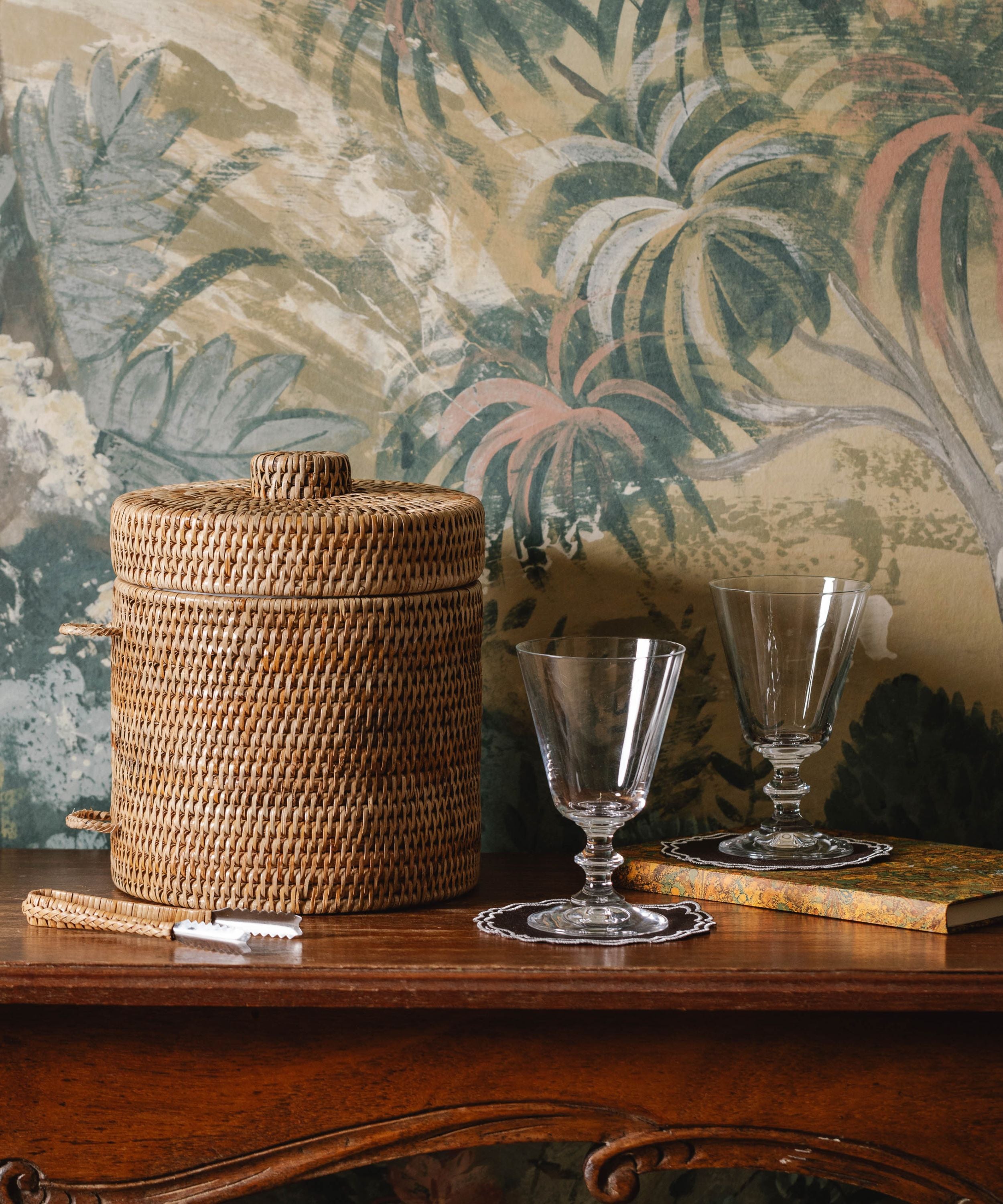 Rebecca Udall Rattan Ice Bucket with Tongs with Greta Coasters