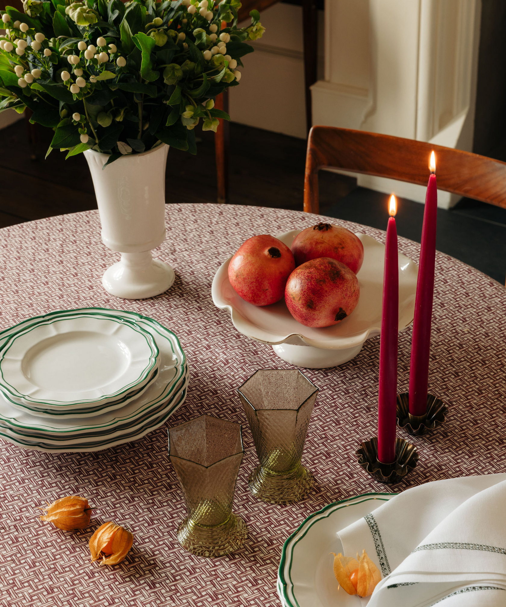 Basketweave Pleated Round Linen Tablecloth, Burgundy, with Zita Crockery