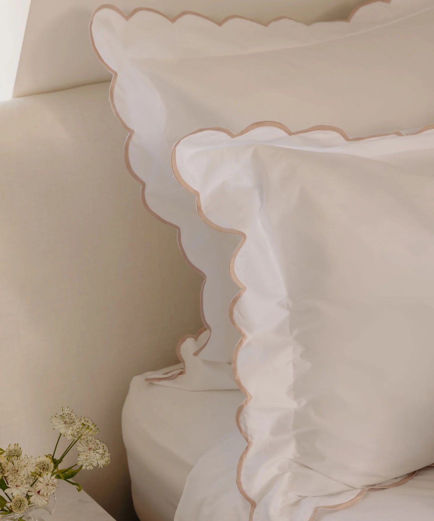 Pair of Annabelle Scalloped Pillowcases, Dusty Pink, Bedroom Lifestyle Detail
