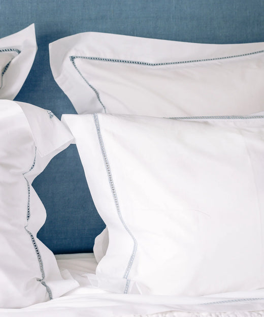 Georgiana Ladderstitch Bed Linen, Dusky Blue, Bedroom Lifestyle Detail