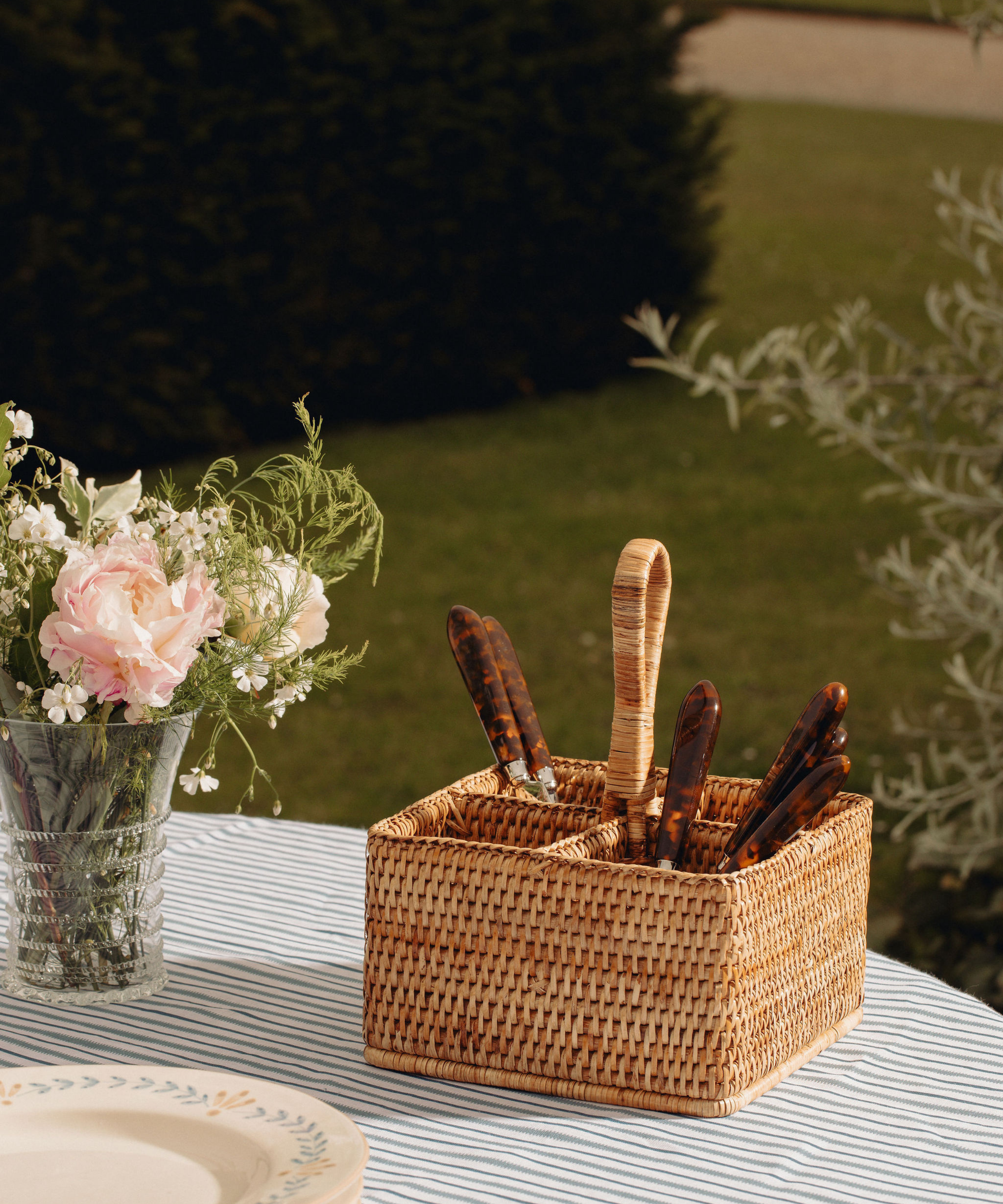 Rebecca Udall Rattan Cutlery and Condiment Carrier, Natural with Classic Cutlery, Tortoiseshell