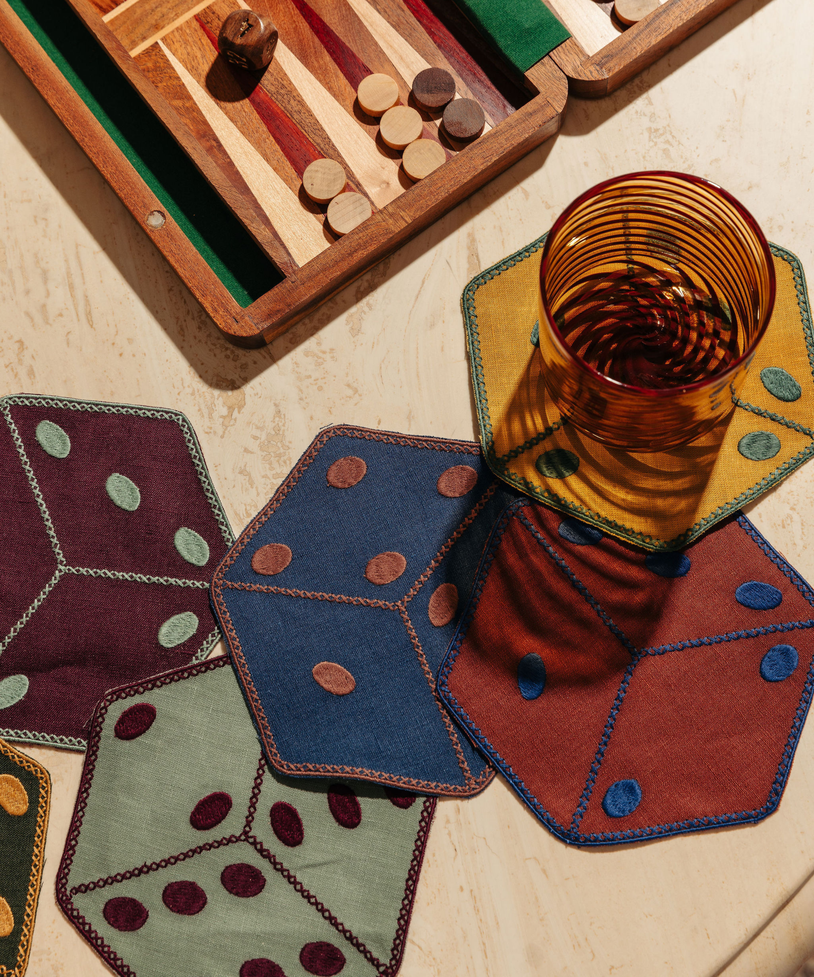 Set of 6 Dice Linen Cocktail Napkins, Lifestyle, with Murano Tumbler