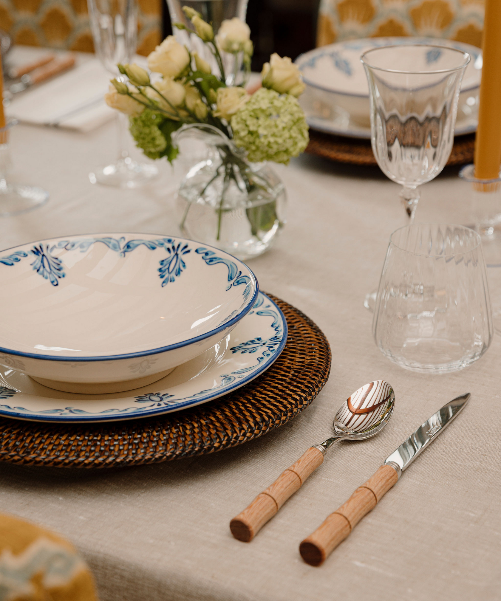 Rebecca Udall Classic Luxury Eleanor Pasta Bowl, Blue with the Bamboo Handle Cutlery