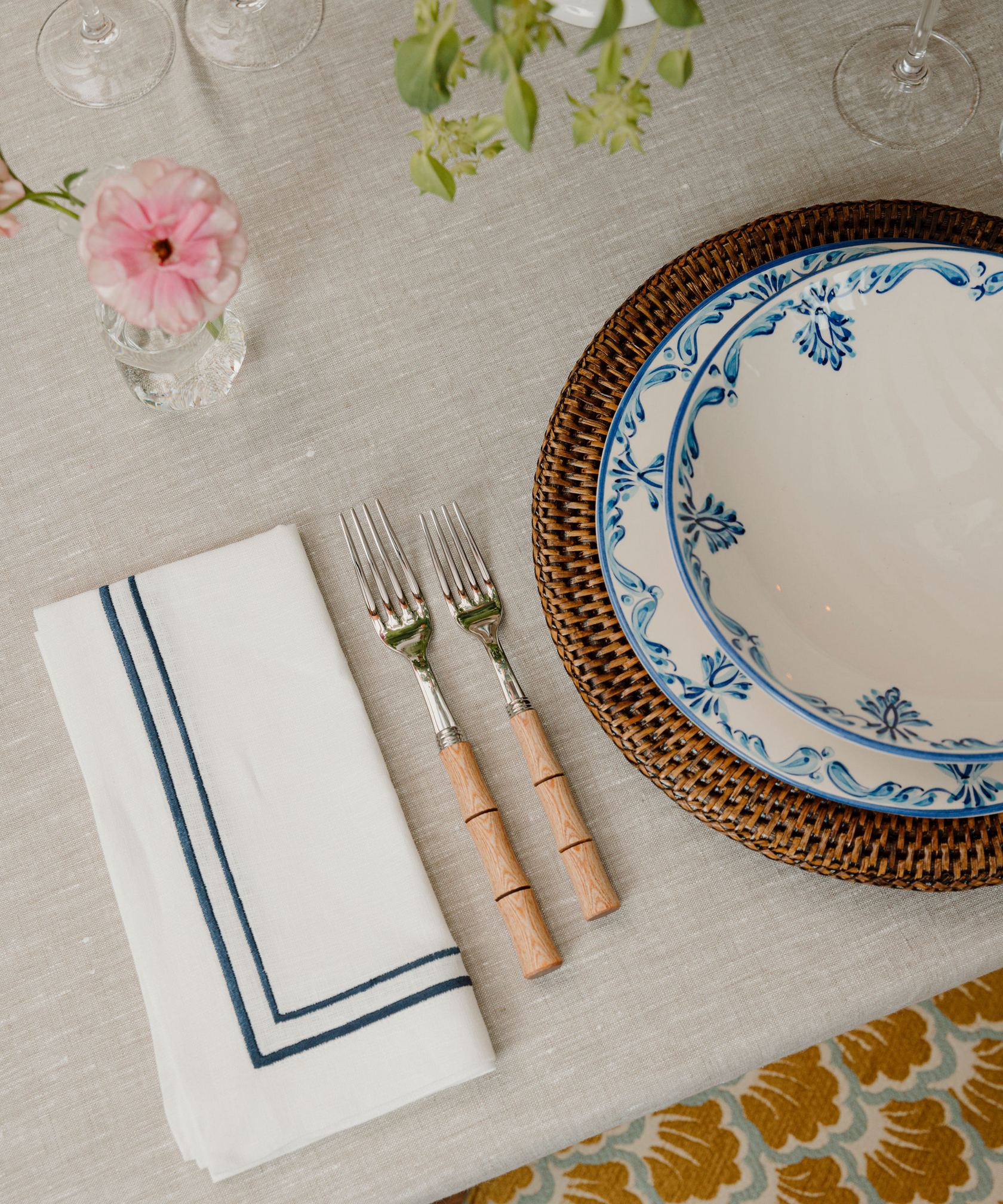 Rebecca Udall Classic Luxury Eleanor Pasta Bowl, Blue with the Sophie Two Cord Napkin